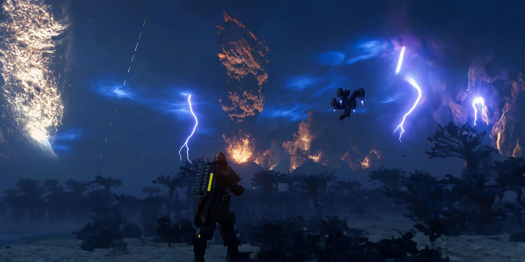 A Helldiver looking across a planet covered in ion storms and smoke