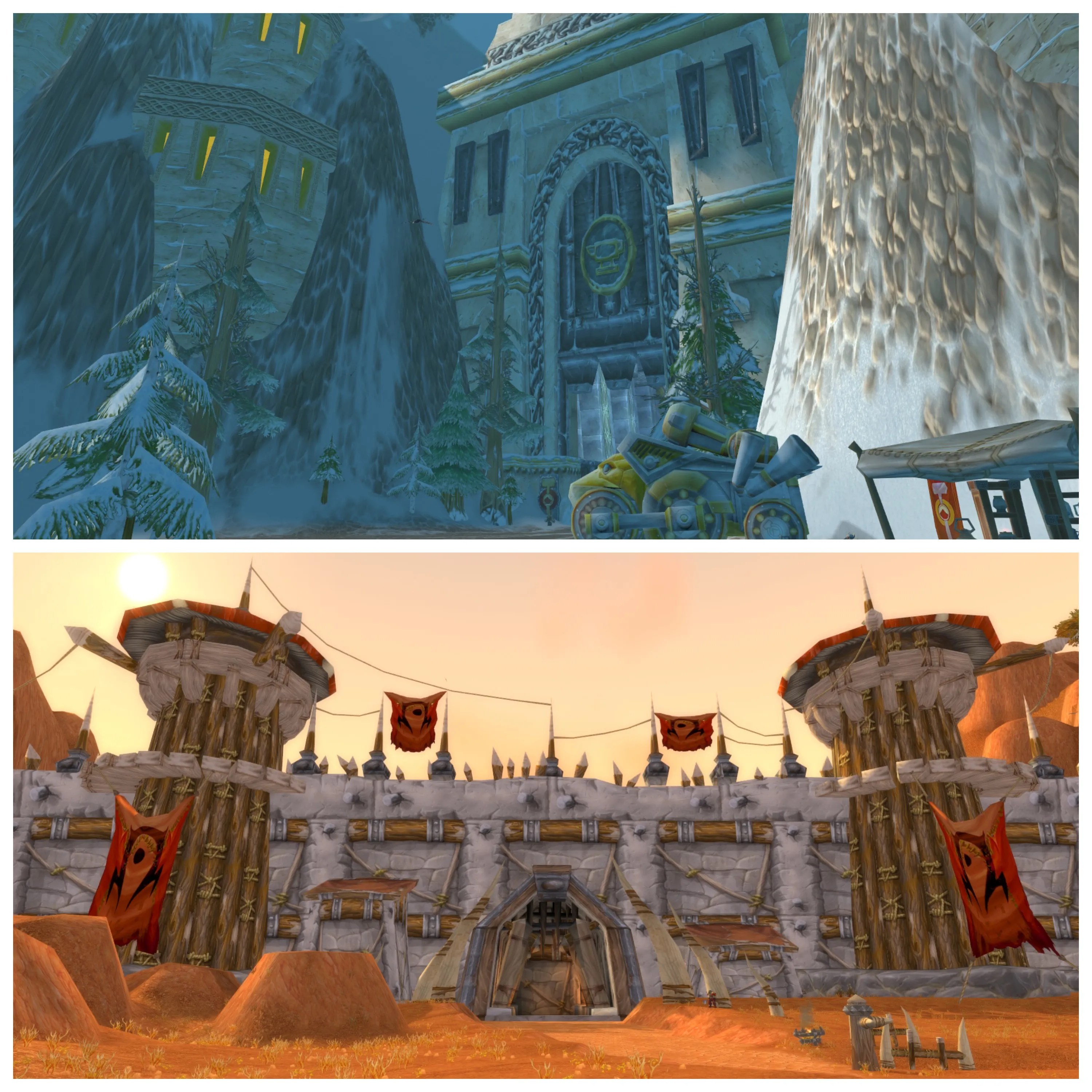 the dwarven capital of ironforge’s gates on top, and the orcish capital of orgrimmar’s gates below