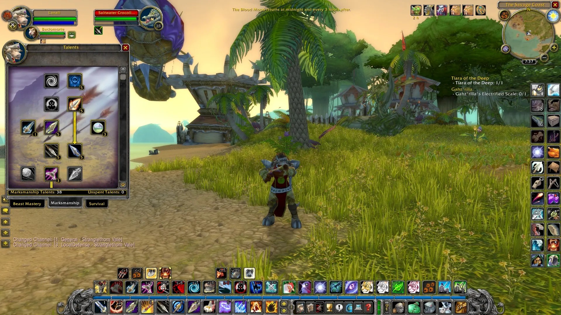 a tauren hunter on the coast of stranglethorn vale, shooting her gun, with the talent selection window open to the marksmanship specialization