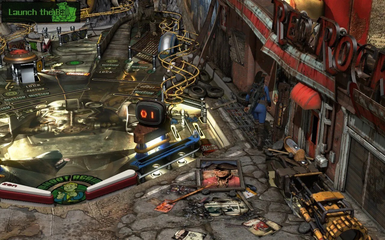 A Fallout character walks the edge of the pinball range depicting a post apocalyptic world in pinball form.