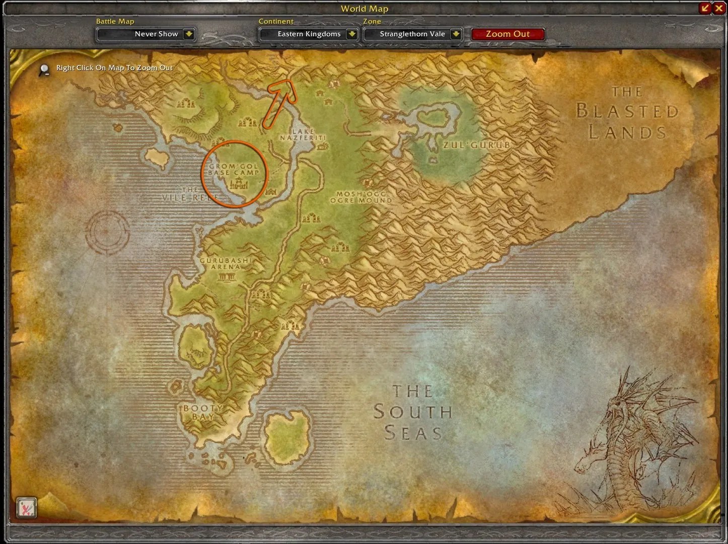 Map of Stranglethorn Vale with Grom’Gol Base Camp circled and arrow pointing north to Duskwood
