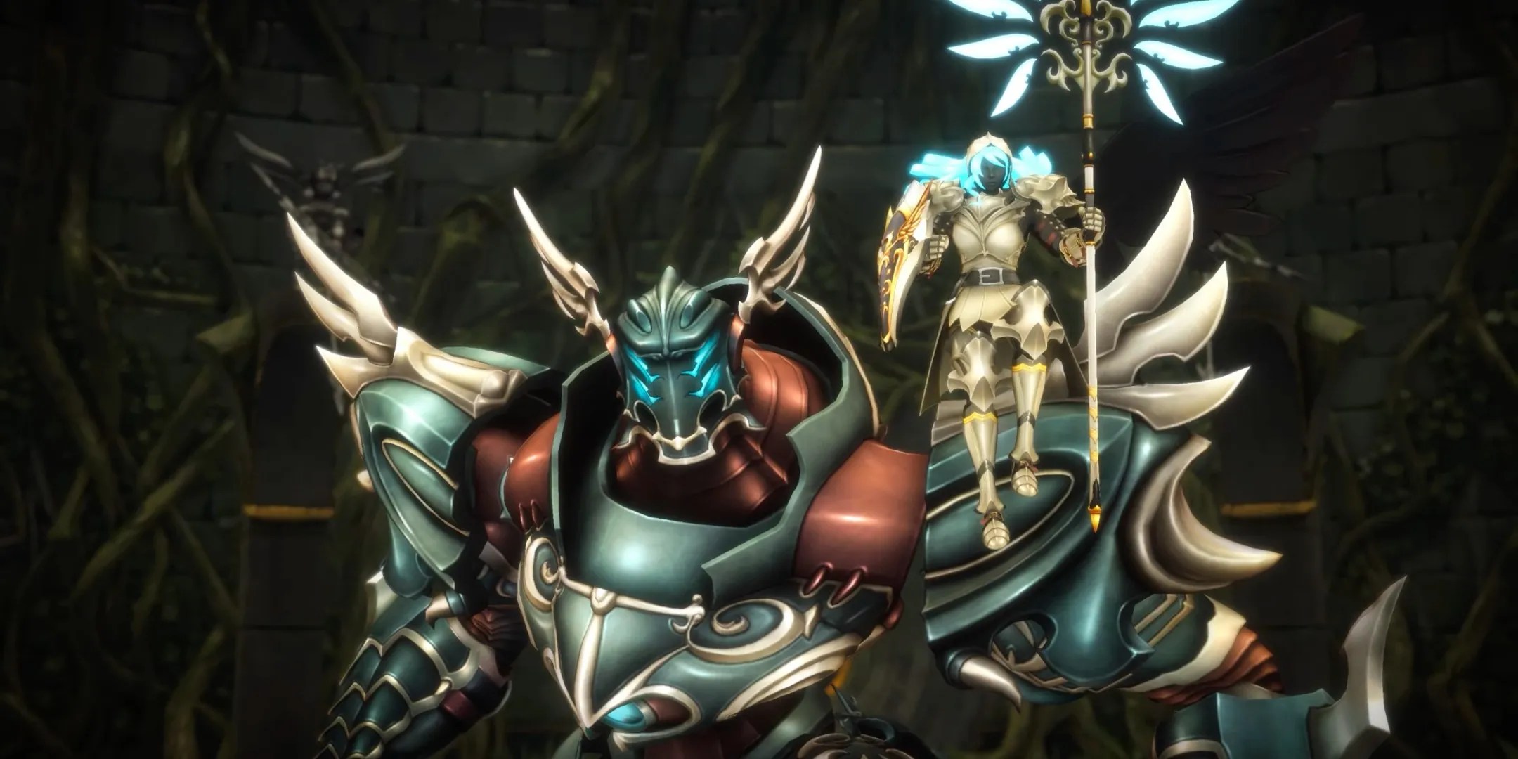 Astraea the Judge sits on the shoulder of Slaosha the Enforcer