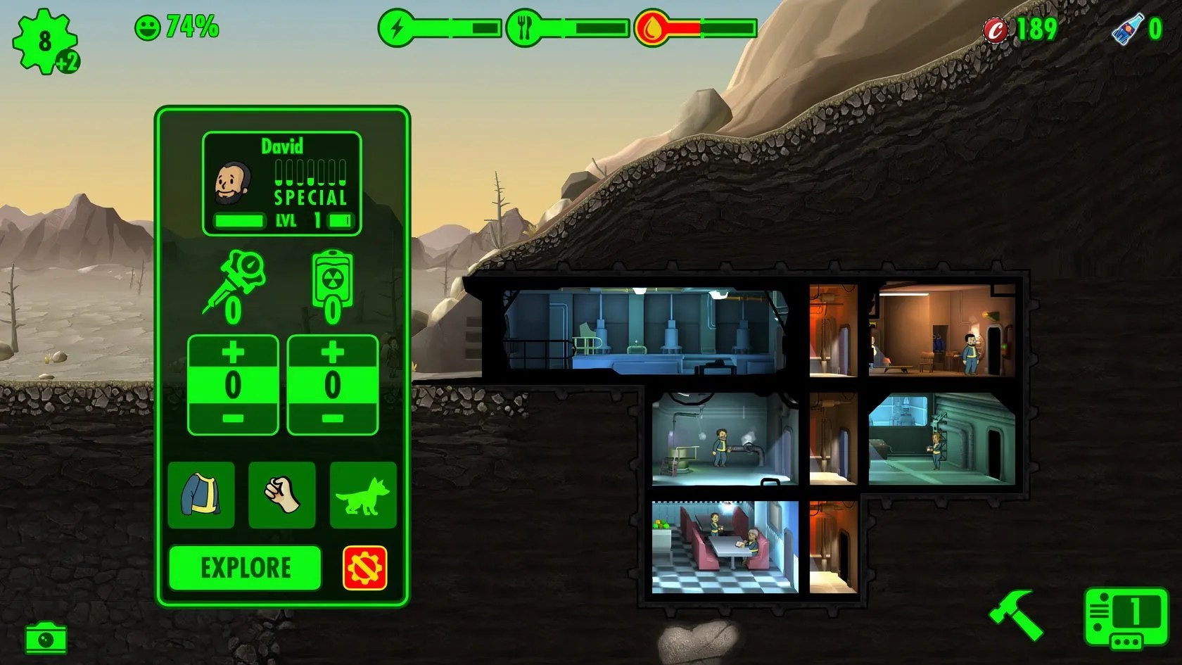 The Dweller’s menu displaying its level and other stats in Fallout Shelter, with an option to explore