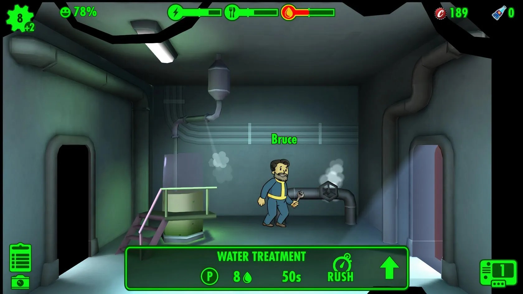 The Water Treatment room in Fallout Shelter, showing one dweller and an option to RUSH.