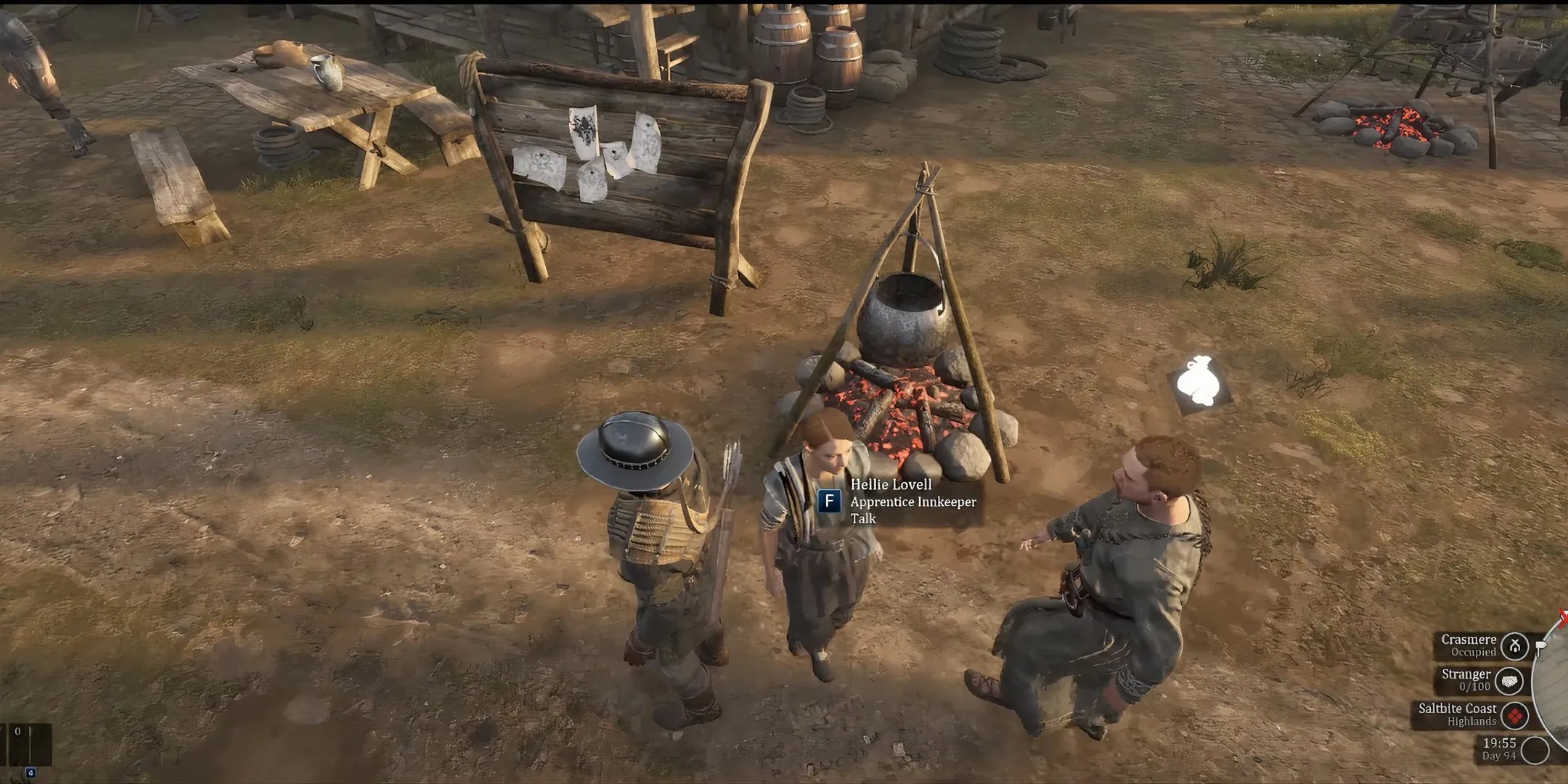 Apprentice Innkeeper stands in front of a pot and fire, another NPC, and an announcemnt board