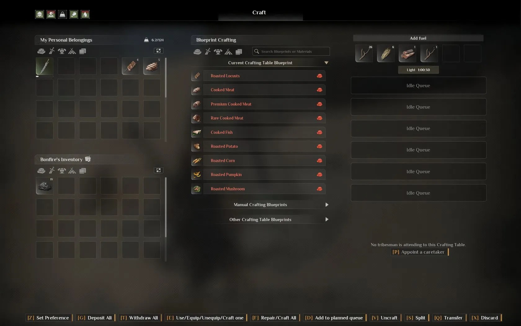 The bonfire menu in Soulmask, showing the option to add fuel