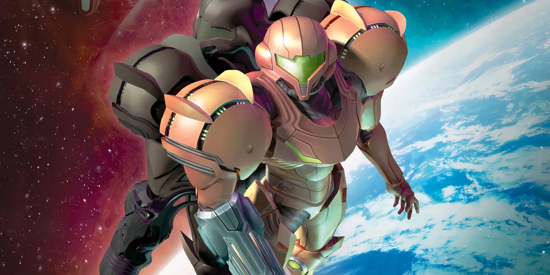 Metroid Prime 3 keyart depicting Samus and Dark Samus back to back.