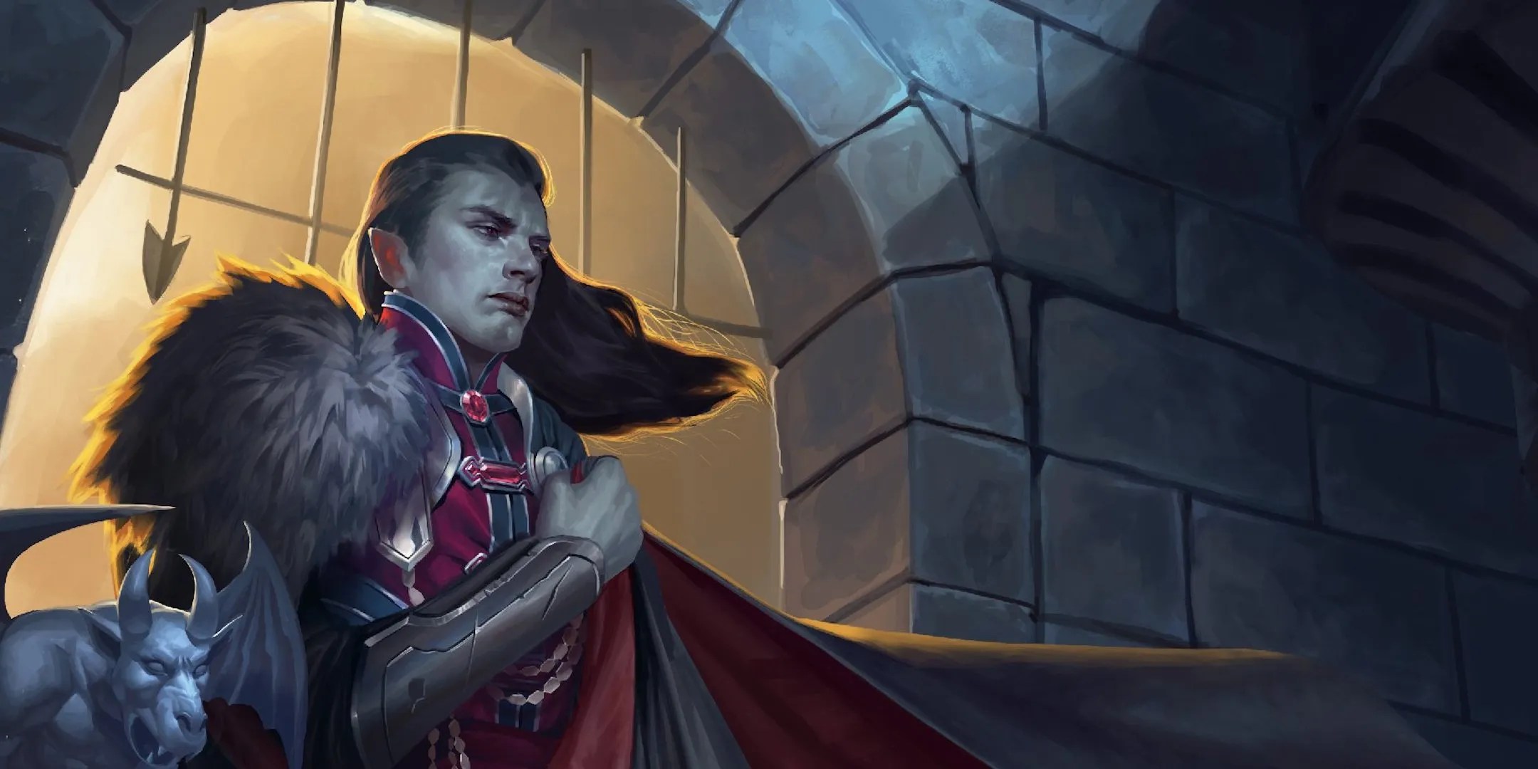 Strahd looks down at the valley below, his hand over his chest in a fist, holding his cape.