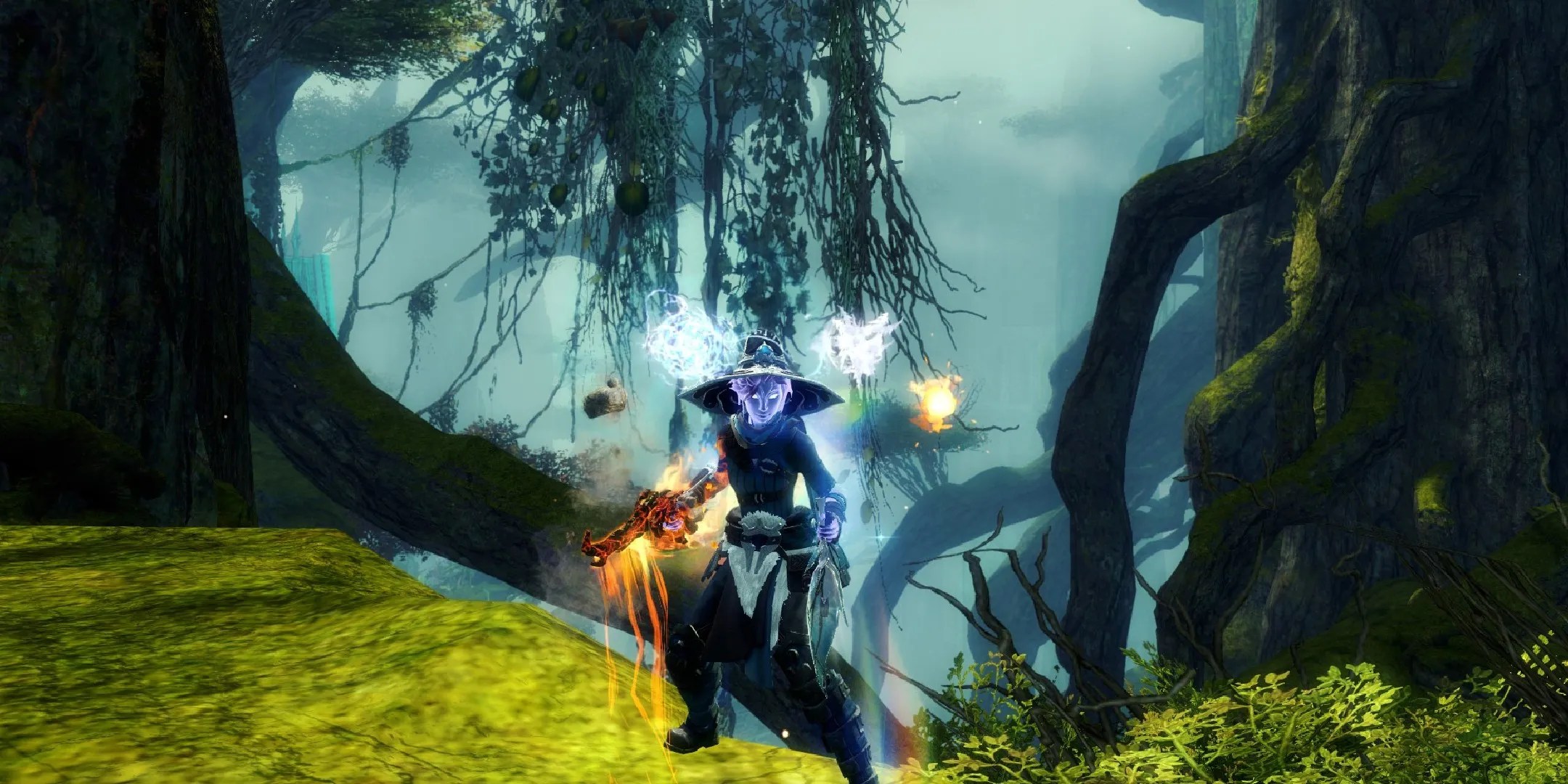Guild Wars 2 image showing an elementalist player wielding a pistol with elemental bullets.