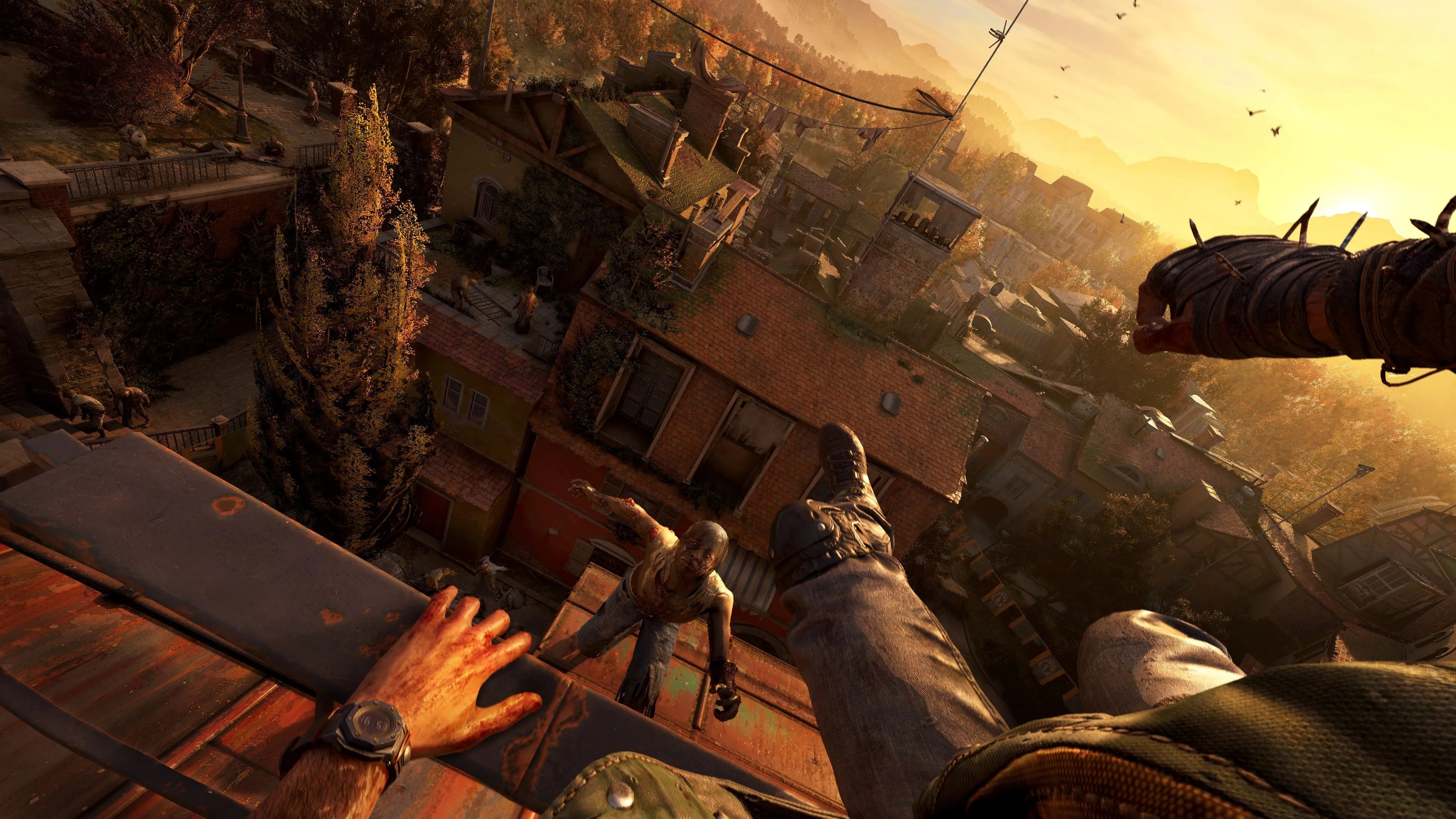 The player jumping down from a roof, about to face a zombie.