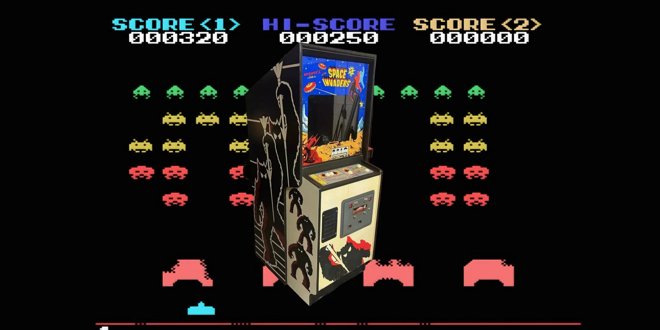Space Invaders cabinet in the foreground, aliens descending on the bases in the background.