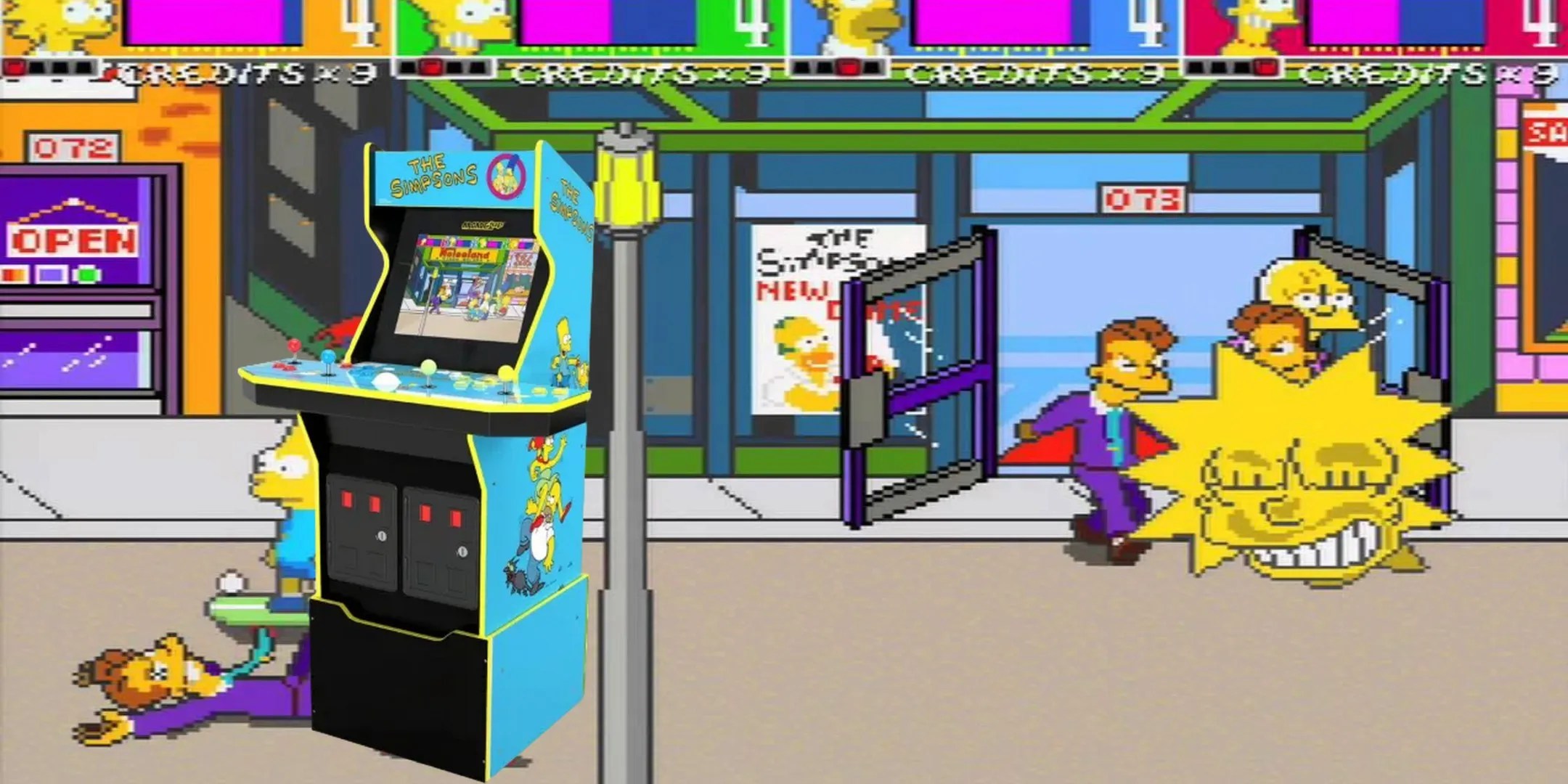 The Simpsons Arcade Game cabinet on the left, Lisa Simpson smacking her face on the fourth wall on the right.