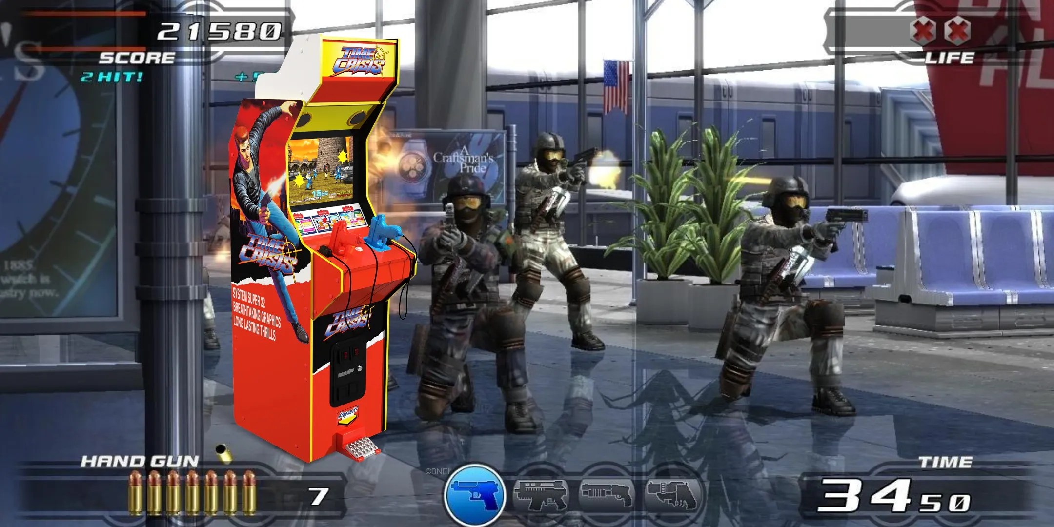 Time Crisis cabinet on the left, soldiers point their weapons at you on the right