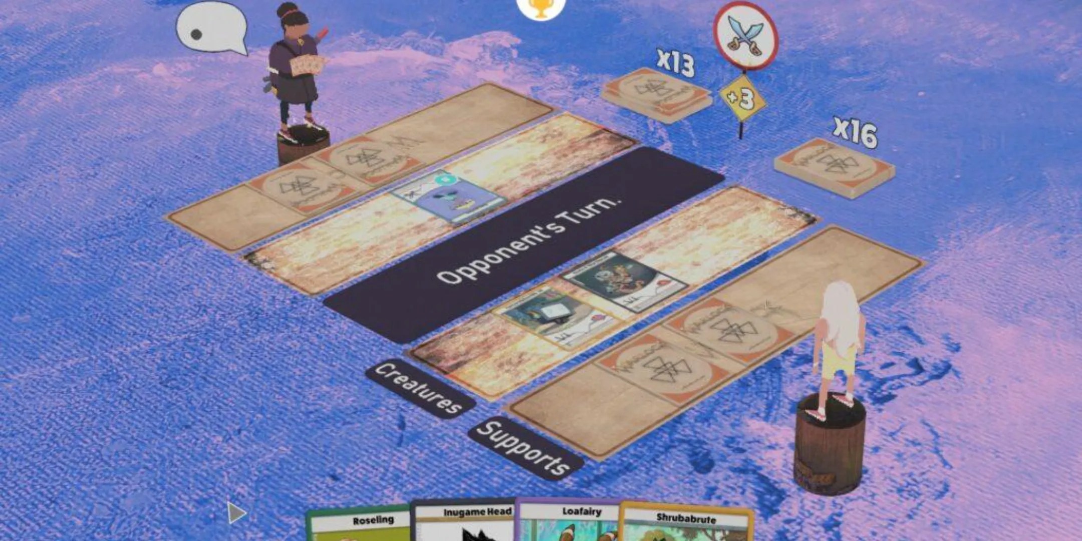 A card battle taking place on Card Game Island, a post-game mode to play the TCG Warlock