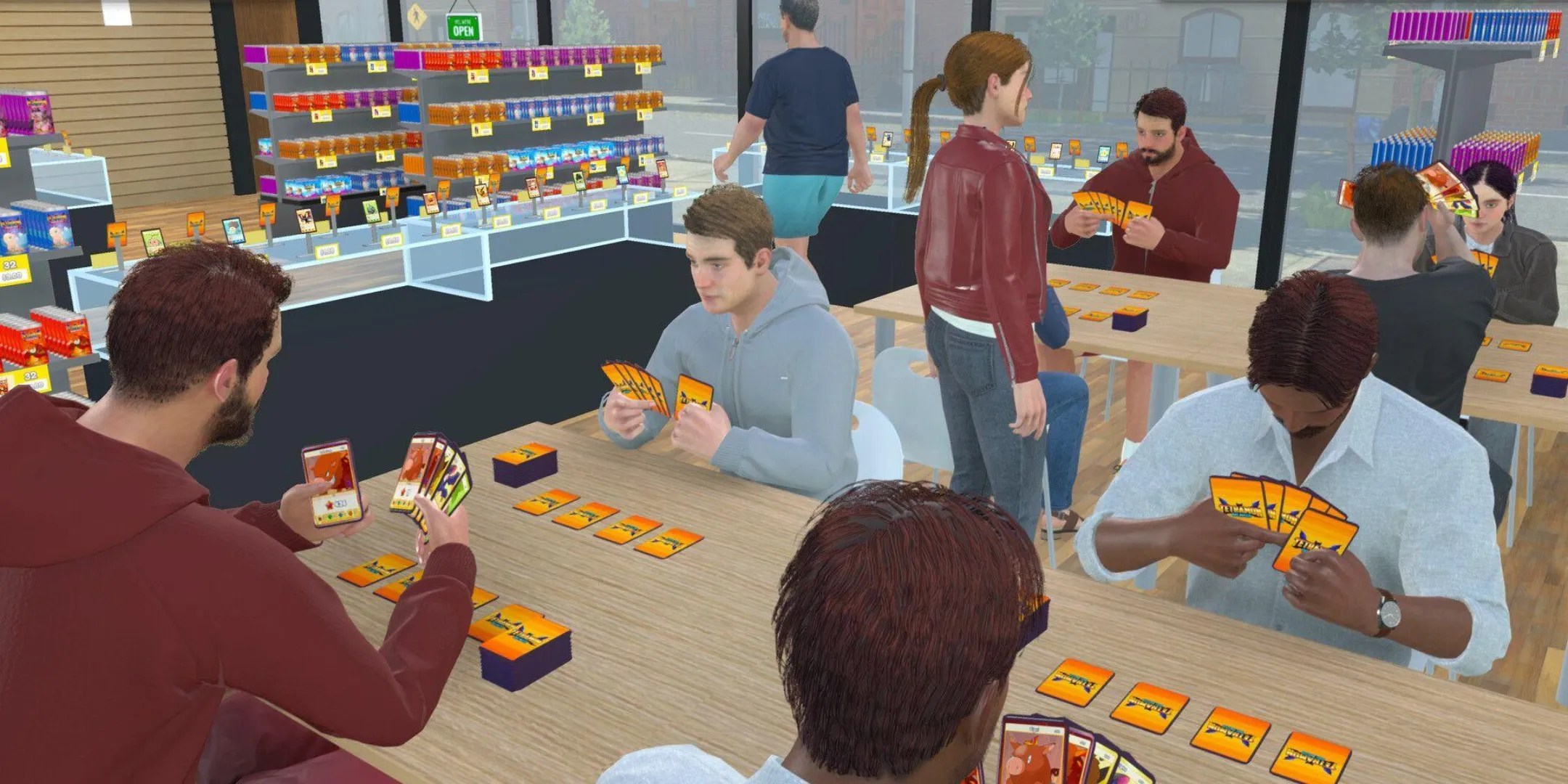You, as the player, are watching a card tournament in your shop. Several people are seated at tables with cards in hand.