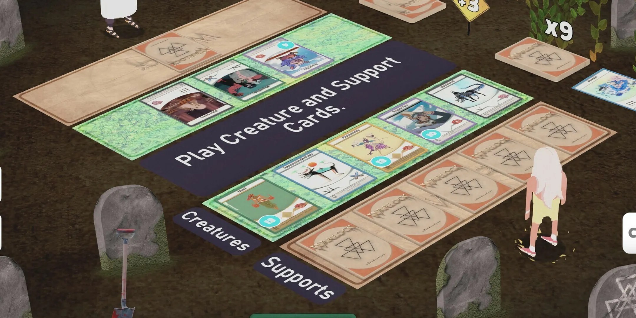 Two characters playing a game of Warlock, the game featured in Kardboard Kings