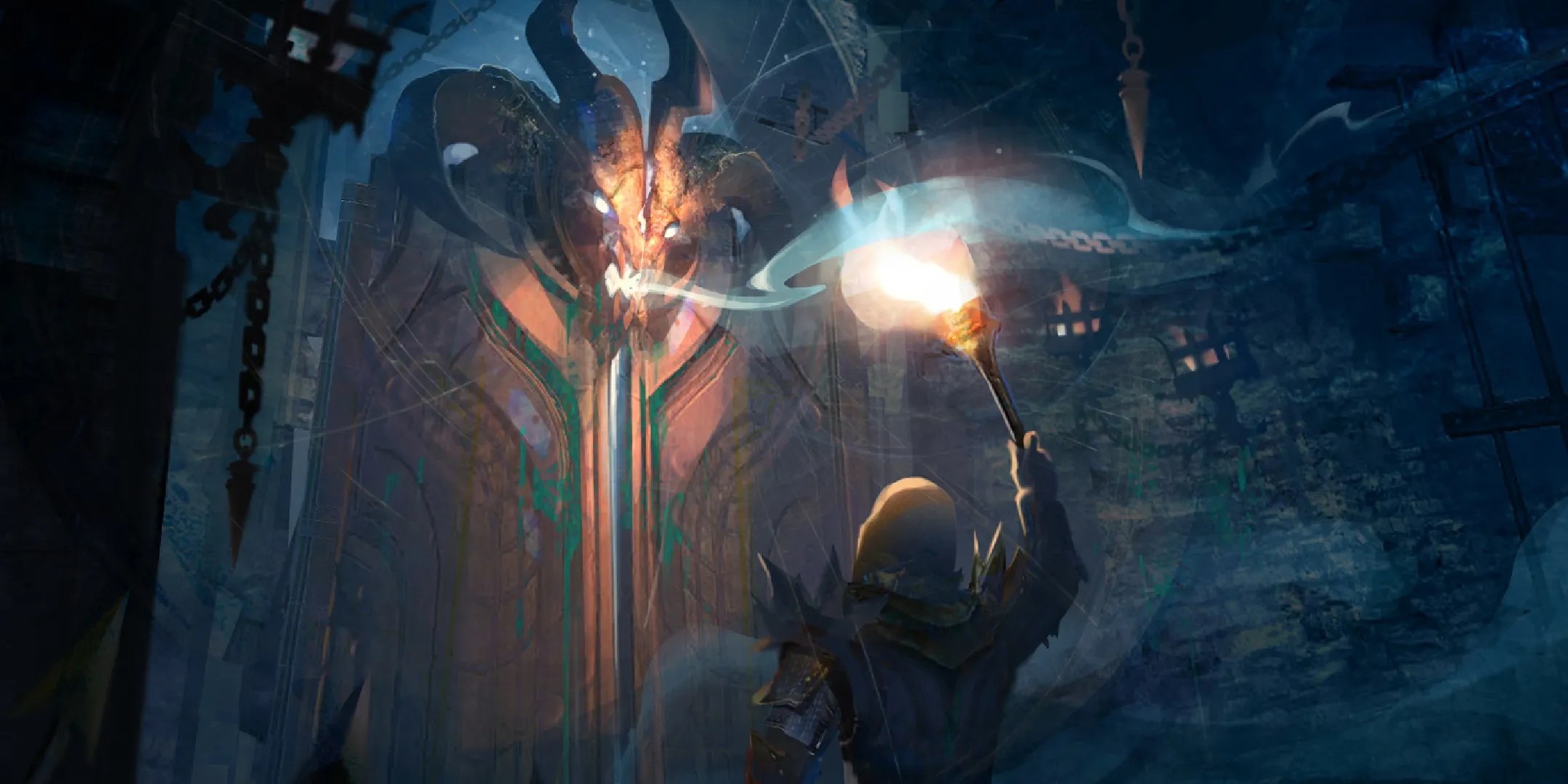 Guild Wars 2 image showing concept art showing a man with a torch in front of a gate with a skull.