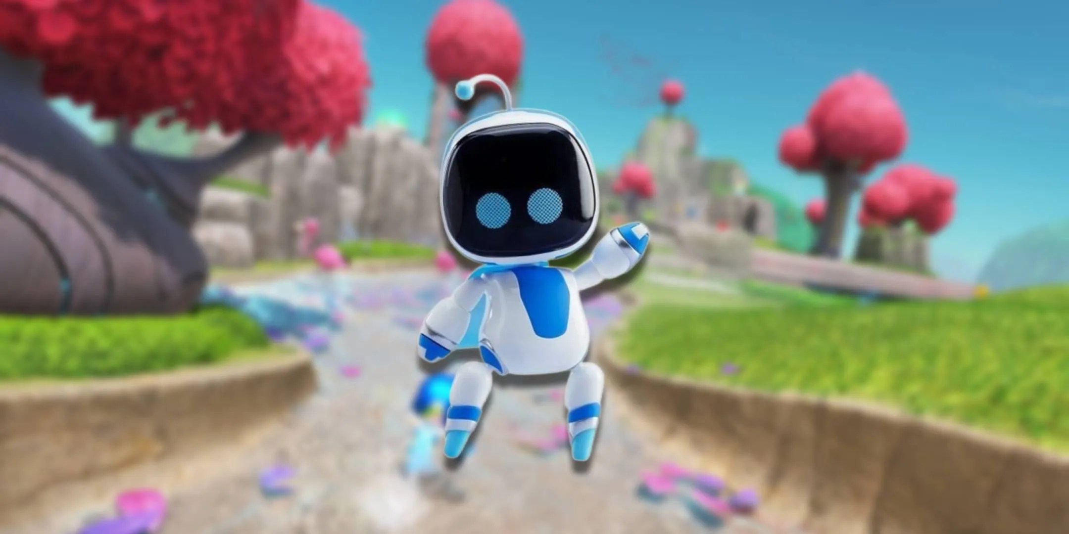 Image of the Astro Nendoroid in front of a screenshot from the game Astro Bot.