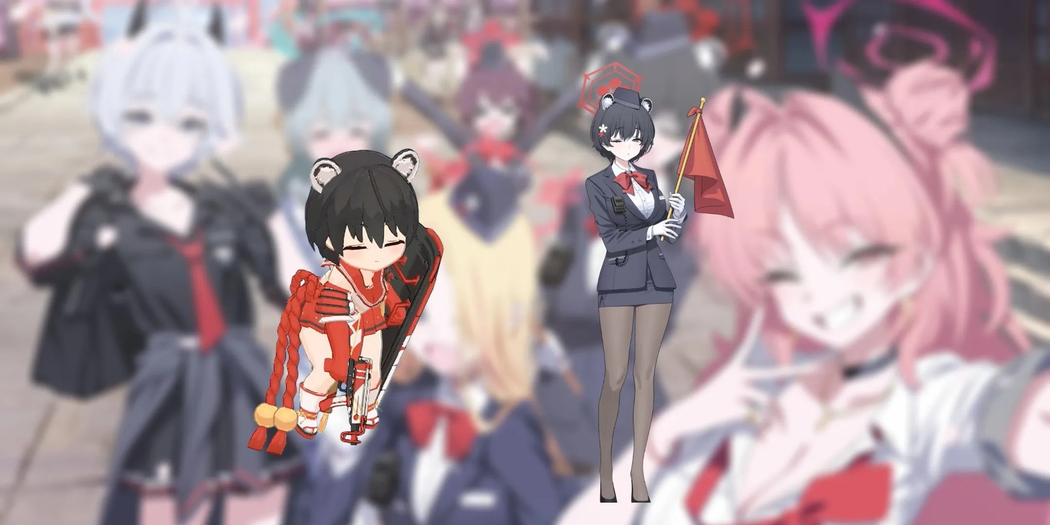 Kasuga Tsubaki&rsquo;s in game sprite on the left, and her Guide outfit on the right.