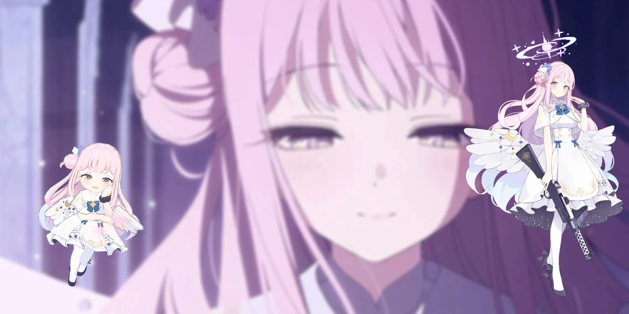 Misono Mika smiling sadly in the background, in-game sprite on the left, artwork on the right