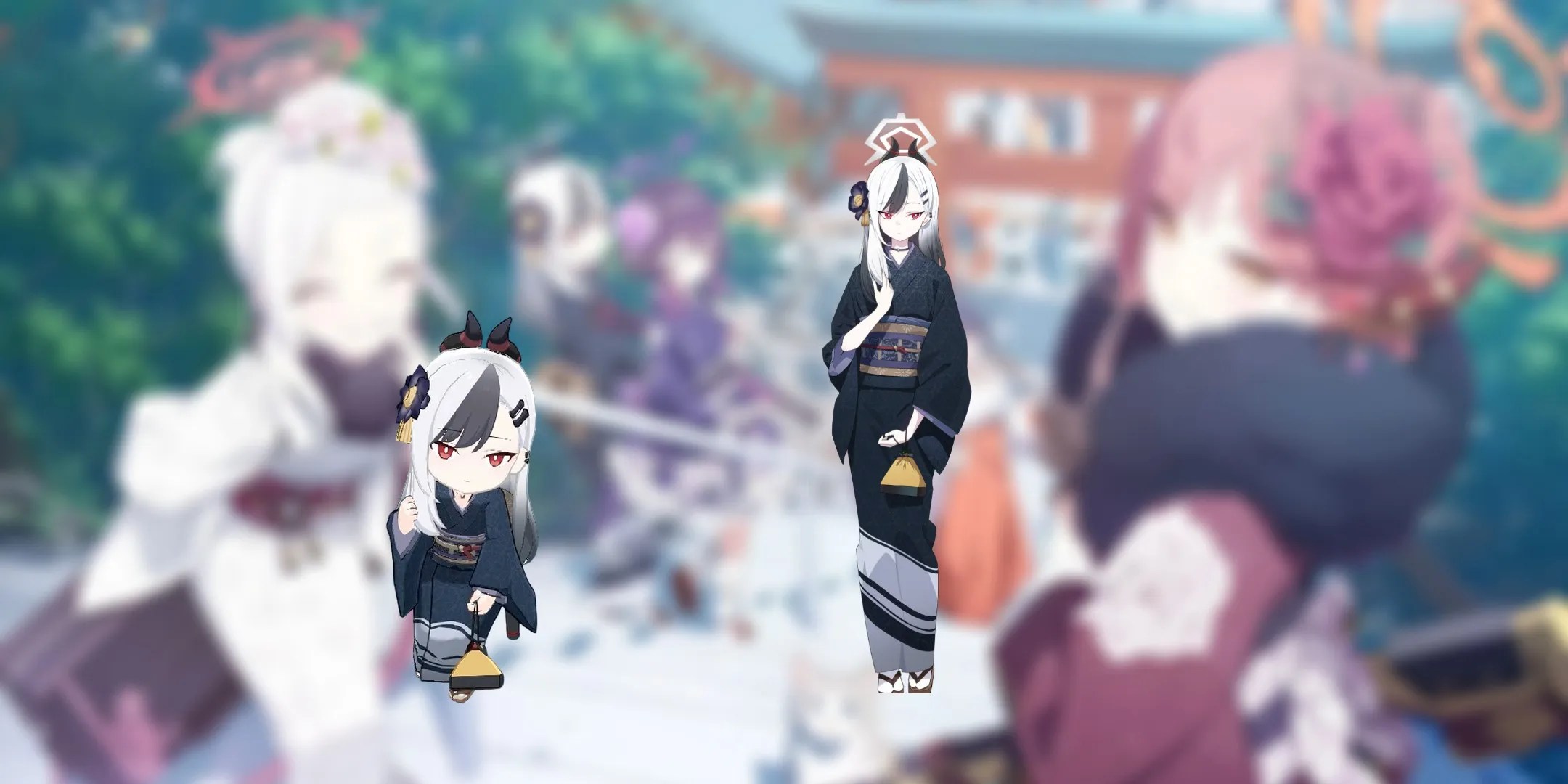 Onikata Kayoko showing off her new year&rsquo;s kimono in both styles