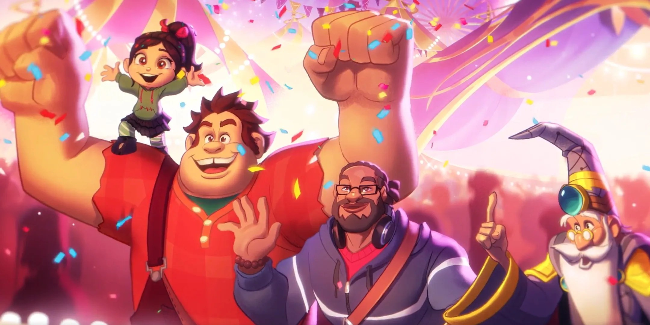 Wreck-It Ralph, Vanellope, Merlin, and an Illumineer from Disney Lorcana