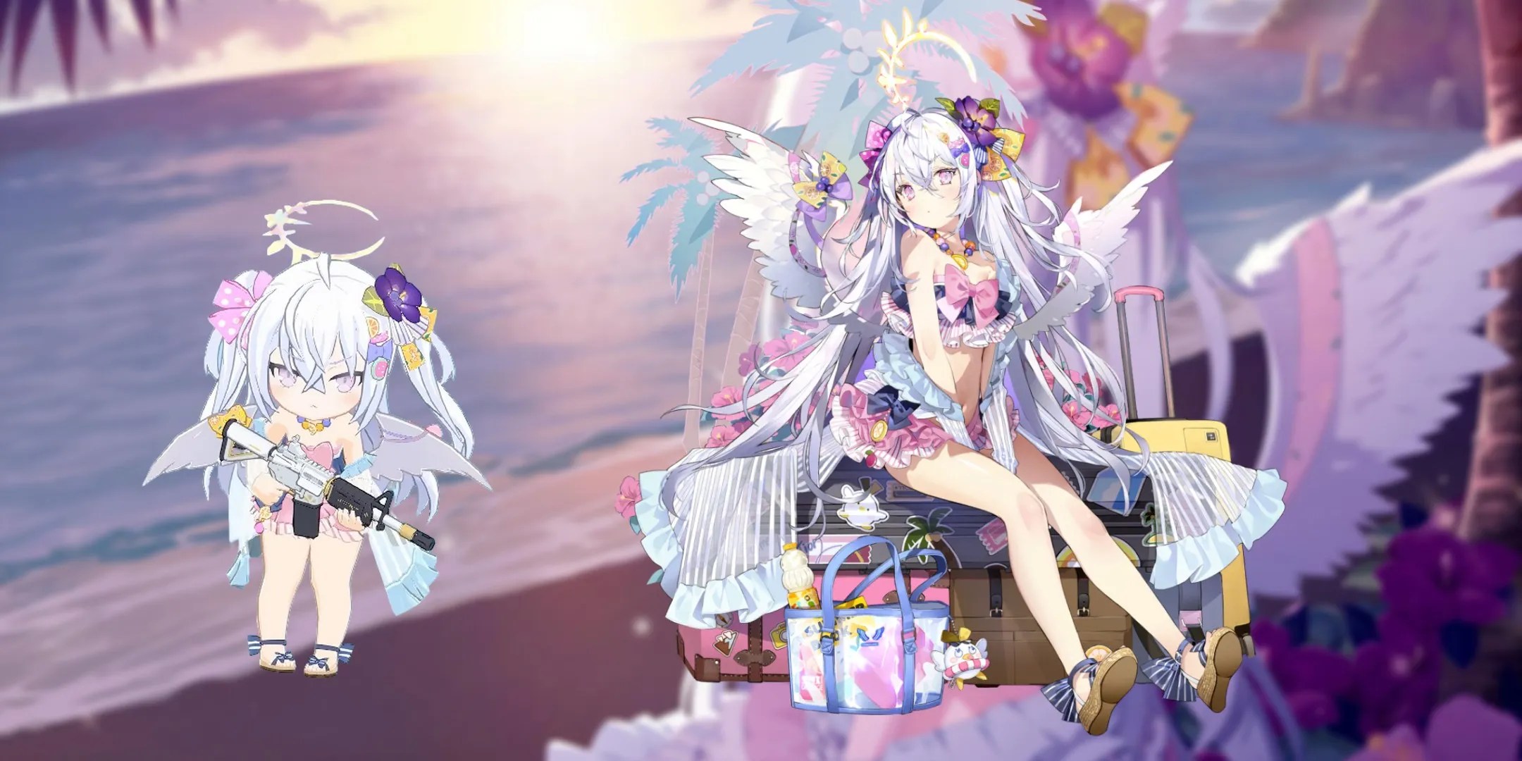 Shirasu Azusa in her swimsuit on the beach. In game sprite on the left, sitting on luggage on the right