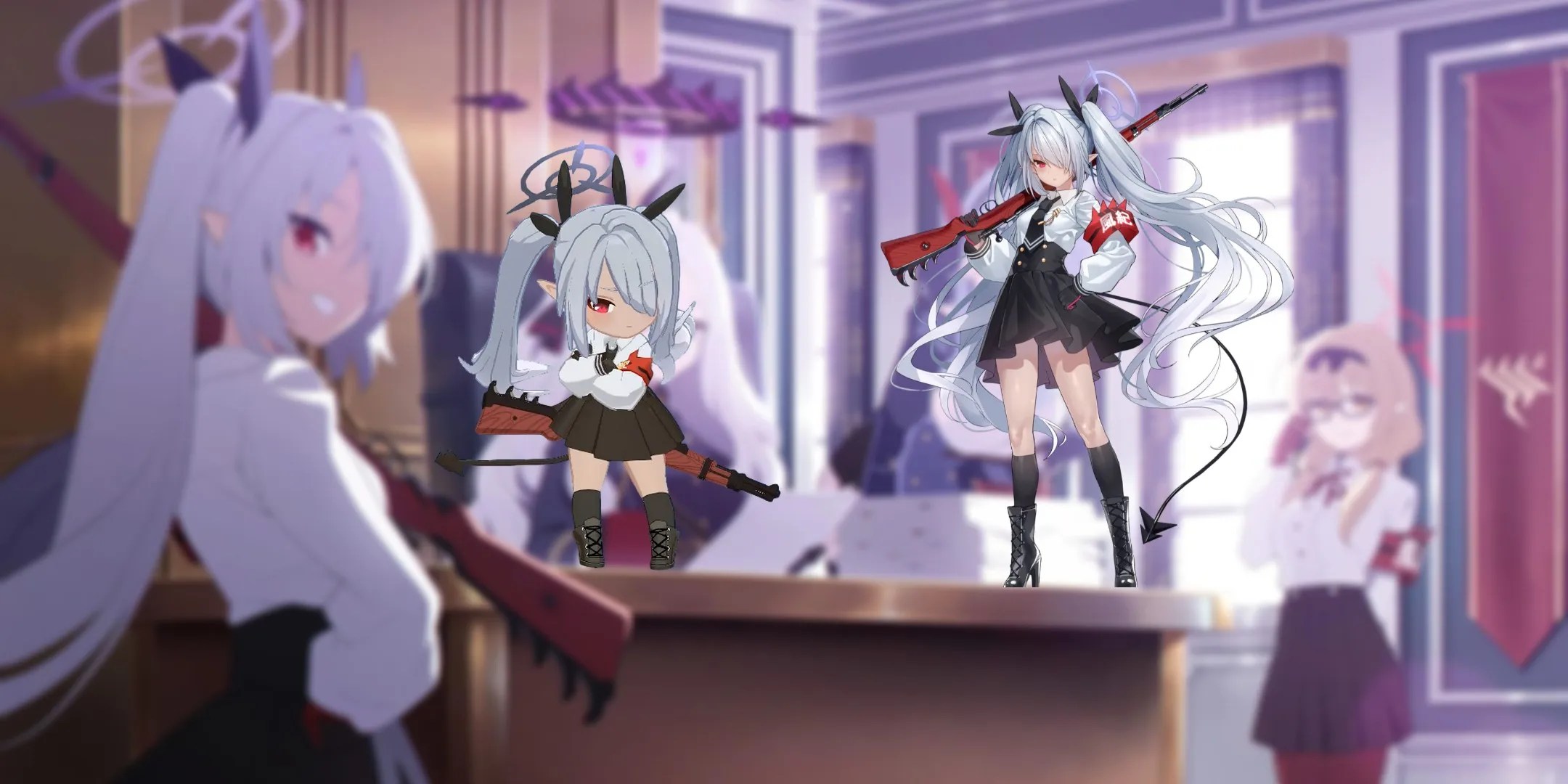 Shiromi Iori standing on the desk in the background, in her sprite version and her in game story version.
