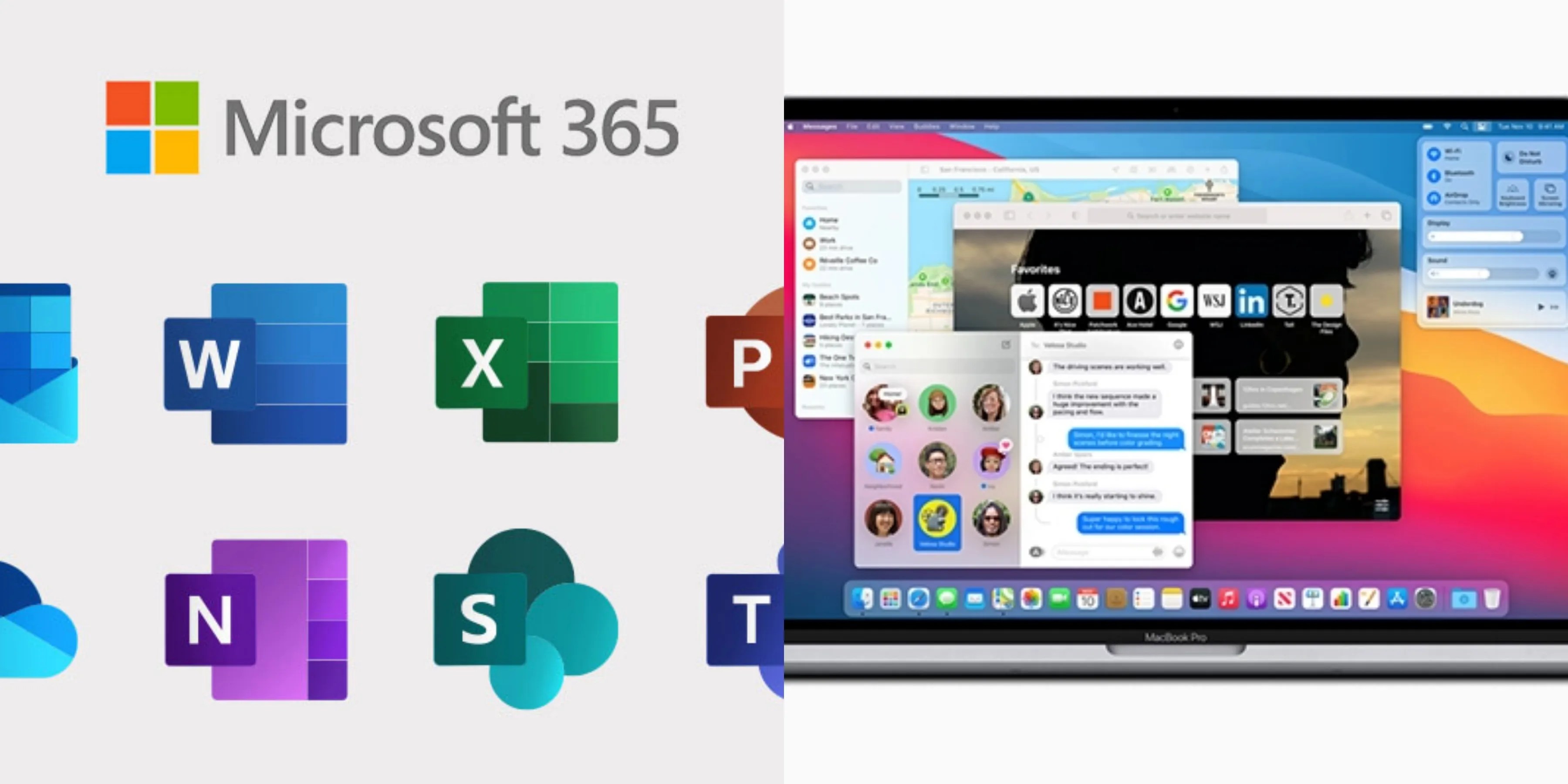 Split image of Microsoft 365 and Mac OS apps.