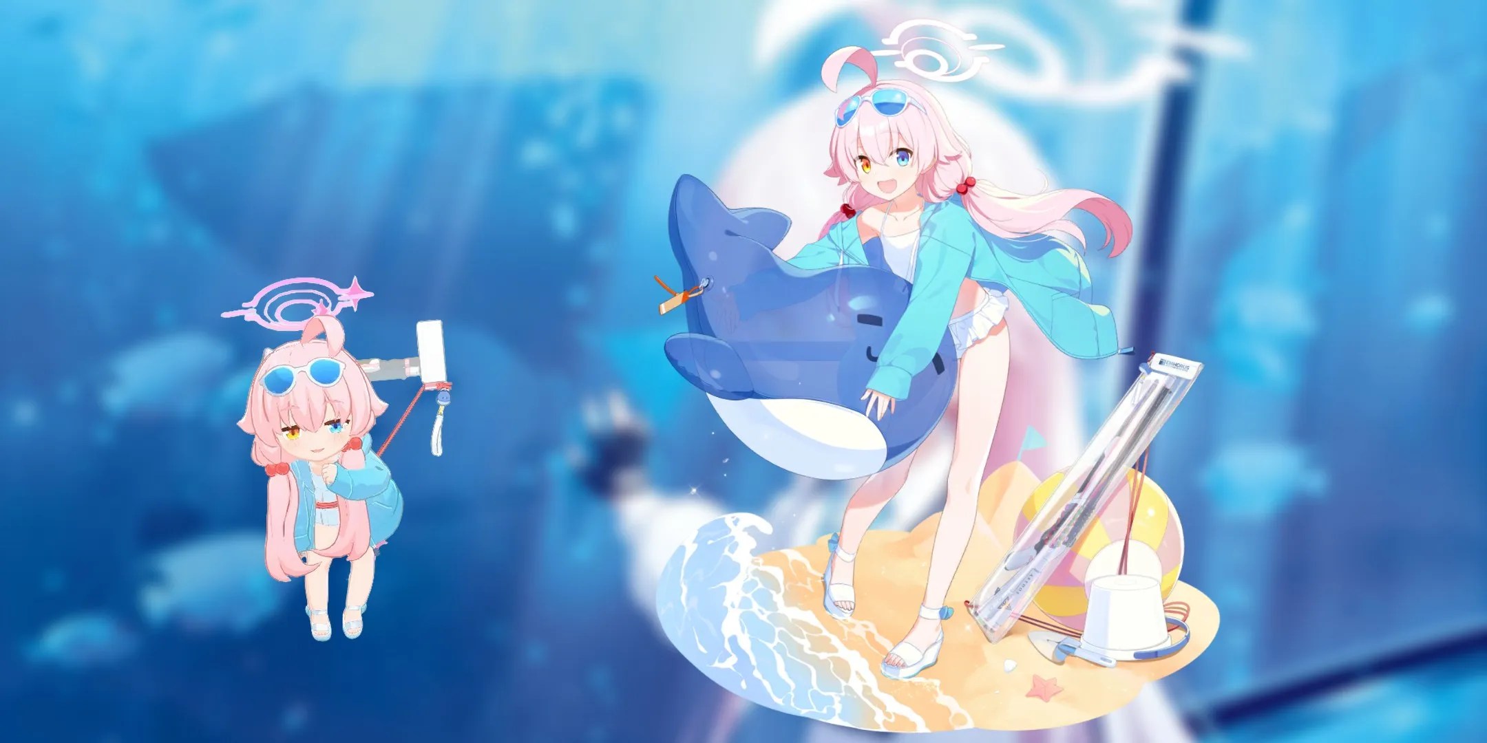 Takanashi Hoshino in her event swimsuit, holding a dolphin on the right, her chibi sprite on the left.