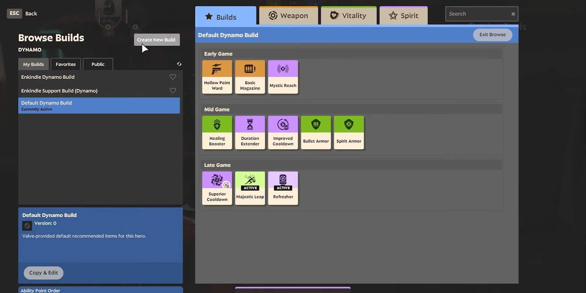 The Browse Build menu for Dynamo in Deadlock.