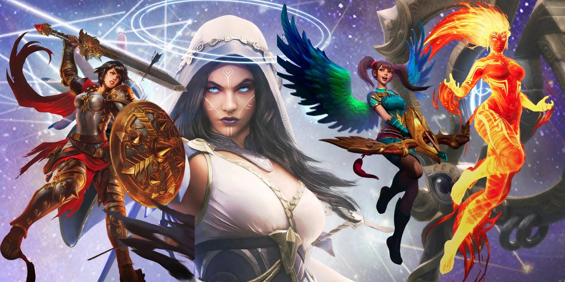 Several returning gods: Bellona left, Jing Wei middle right, Sol right, and New goddess Hecate in the background