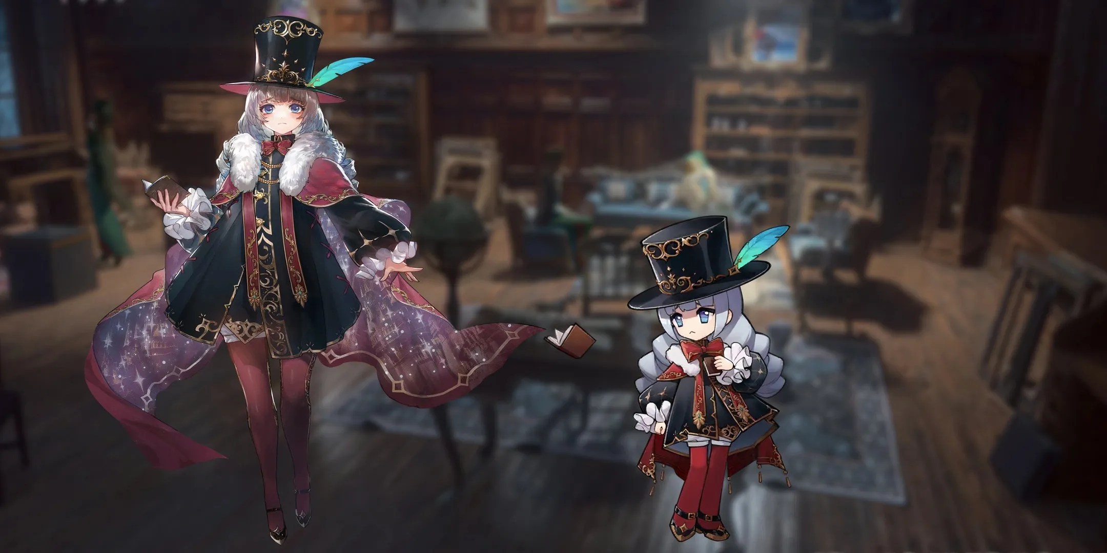 Charlie with her signature hat and cape in both chibi and hand drawn form