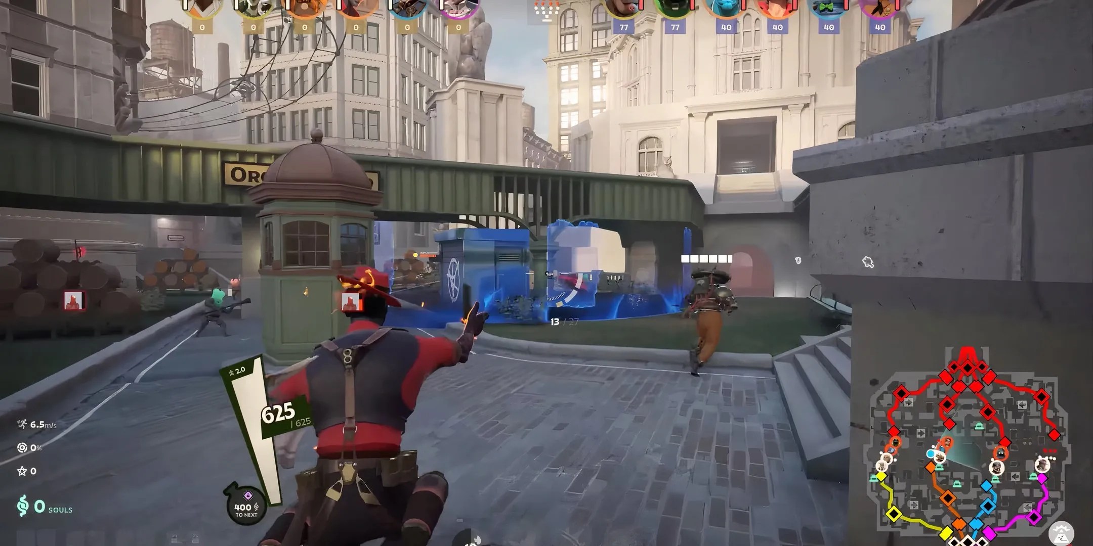 Infernus is shooting a character in the distance during a match