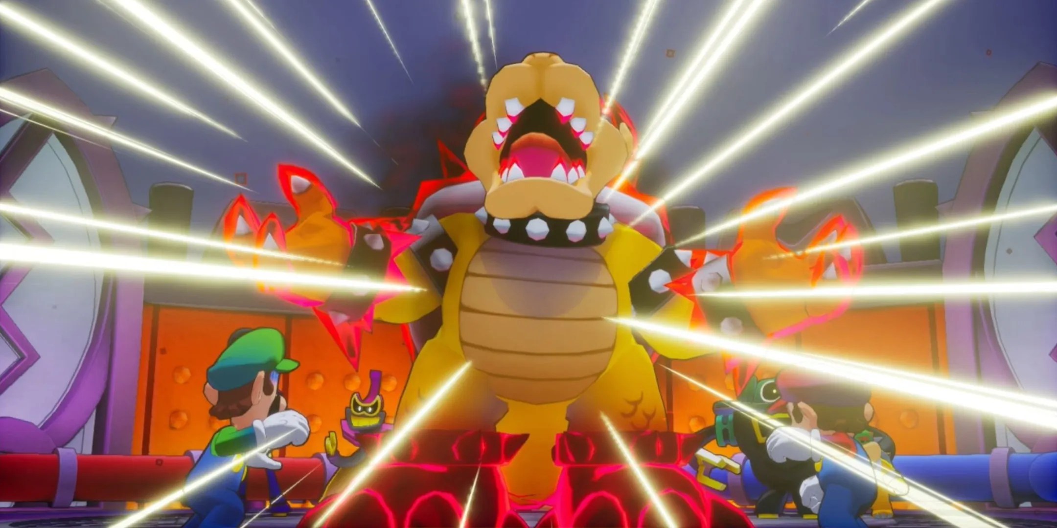 Glohm Bowser about to fight Mario and Luigi in Mario &amp; Luigi: Brothership.