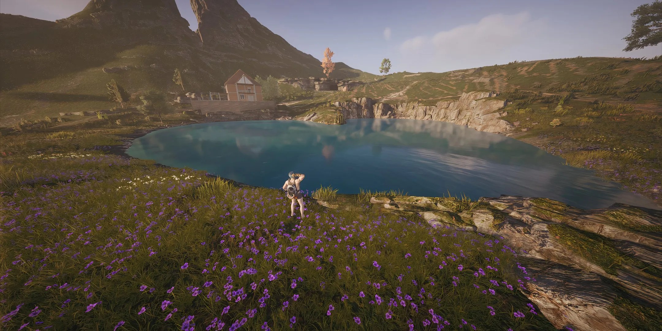 Player standing in front of a lake in Eternaland in Once Human.