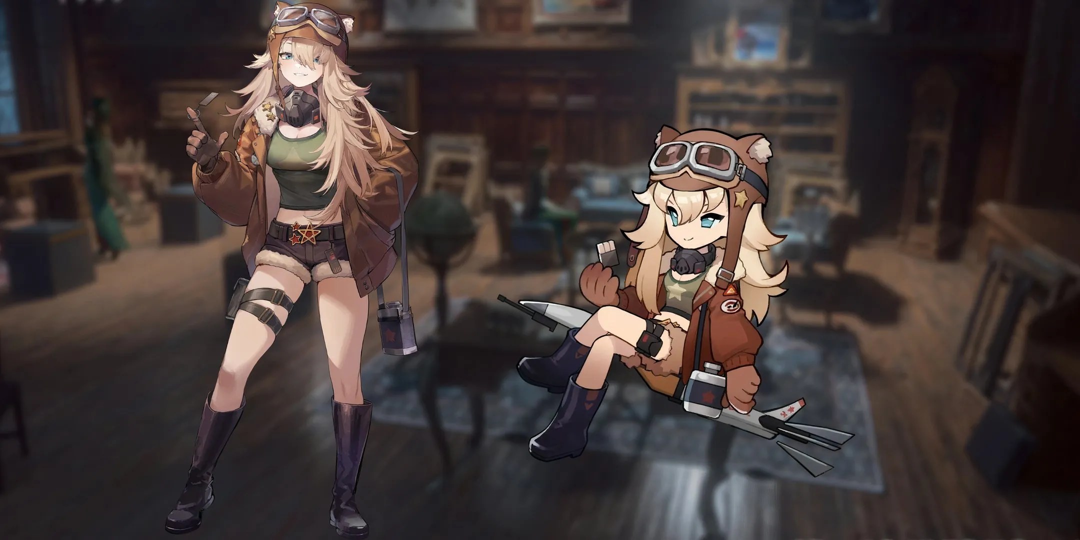 Lilya holding a gun on the left, sitting on a missile on the right