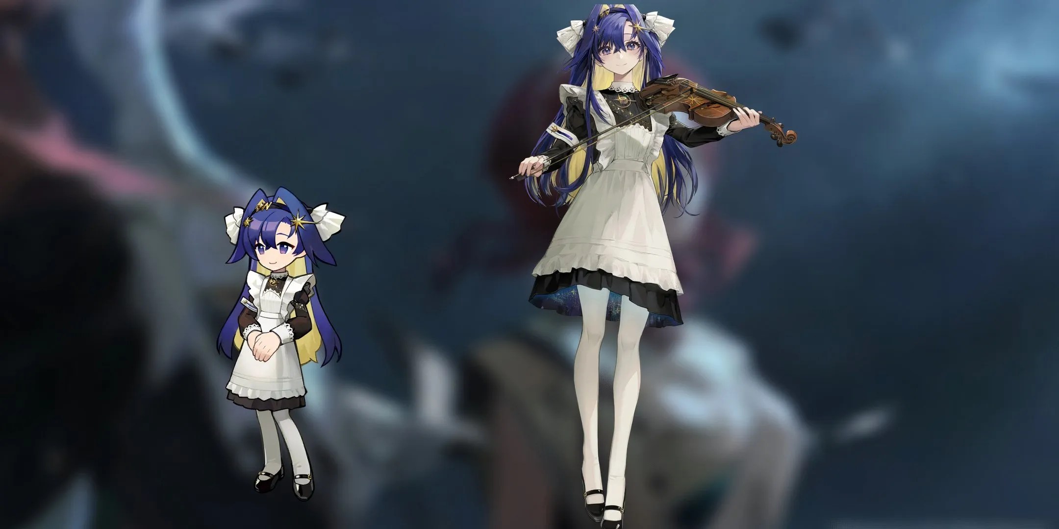Voyager, chibi art on the left, holding her violin on the right