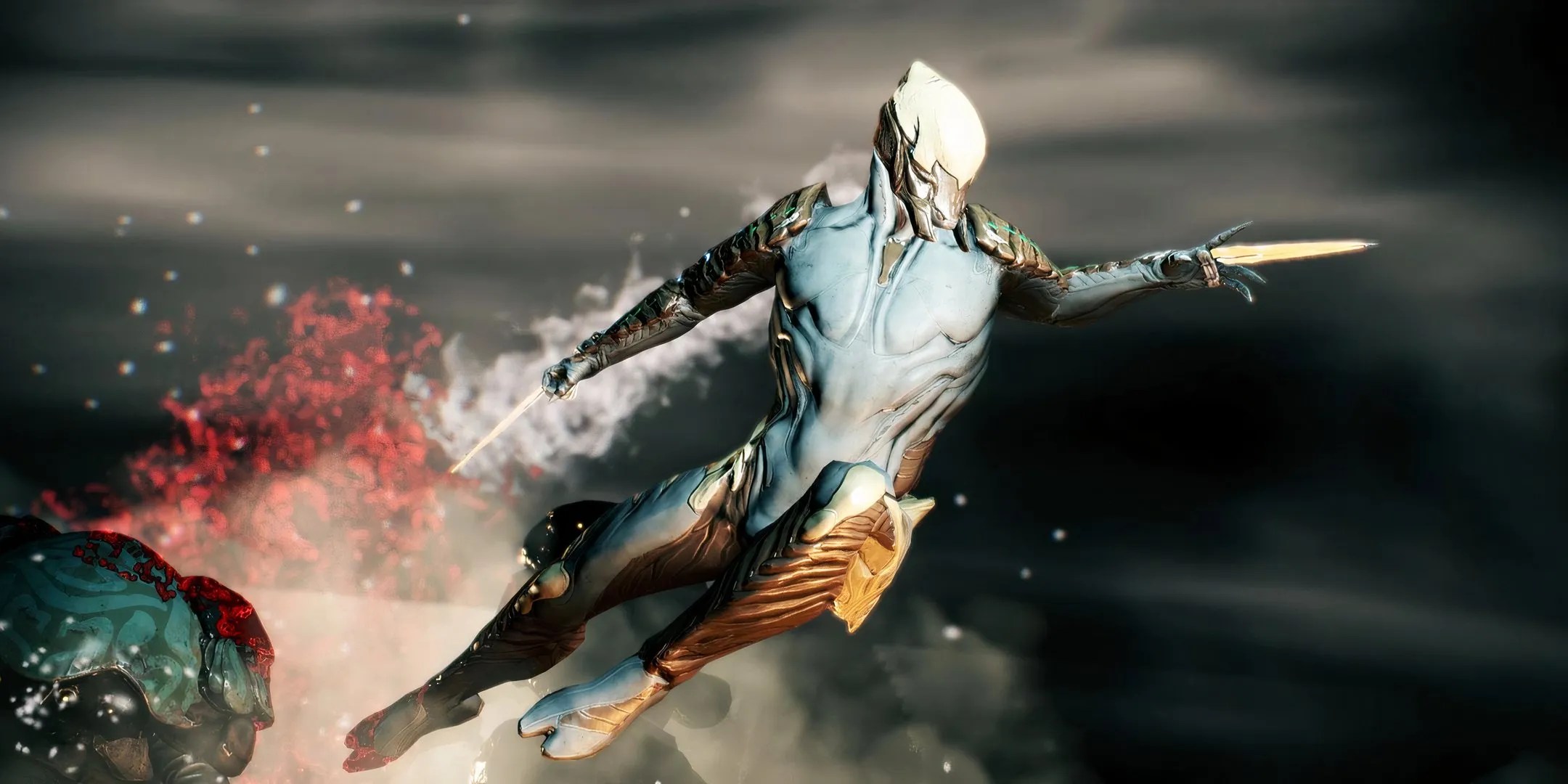 Ash quickly dashes to the right with his signature blades in his hands.