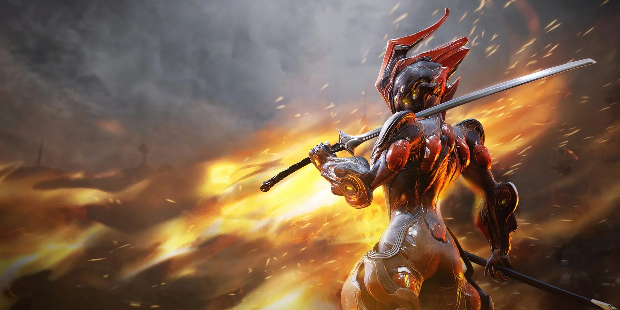 Ember holds her sword over her shoulder, while standing against a fiery flame.