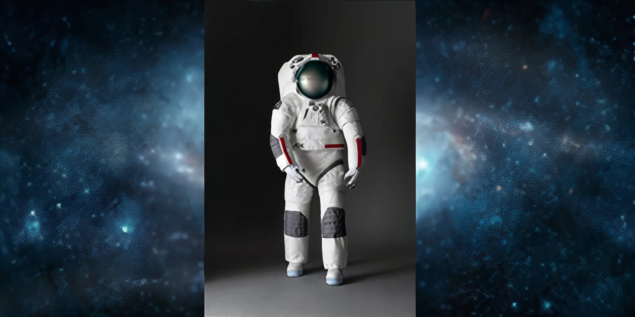 Prada space suit is in the middle of the screen. It’s white with grey knee pads and visor.