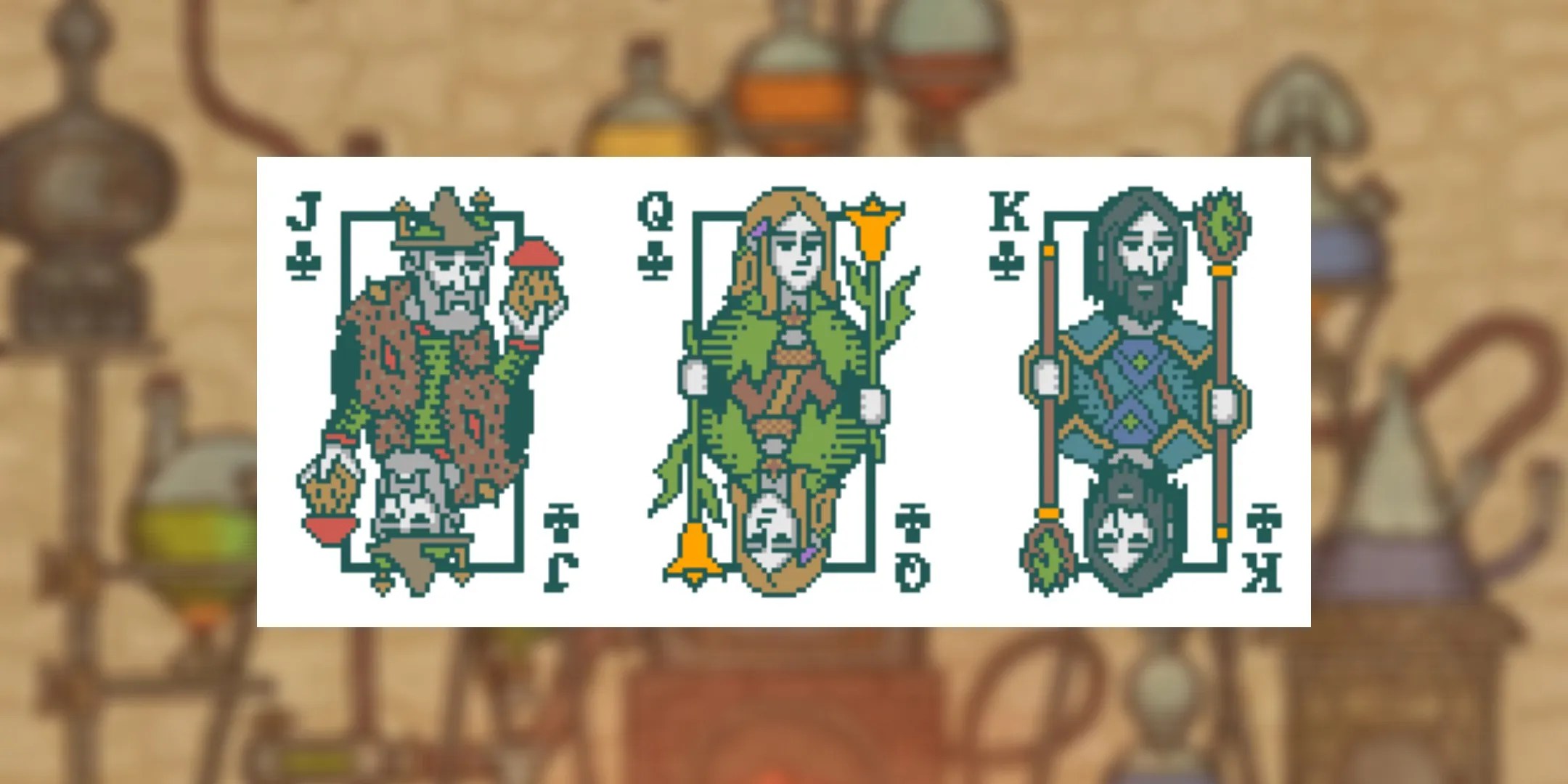 Potion Craft characters are the Mushroomer on the left, the Herbalist in the middle, and the Fellow Alchemist on the right.