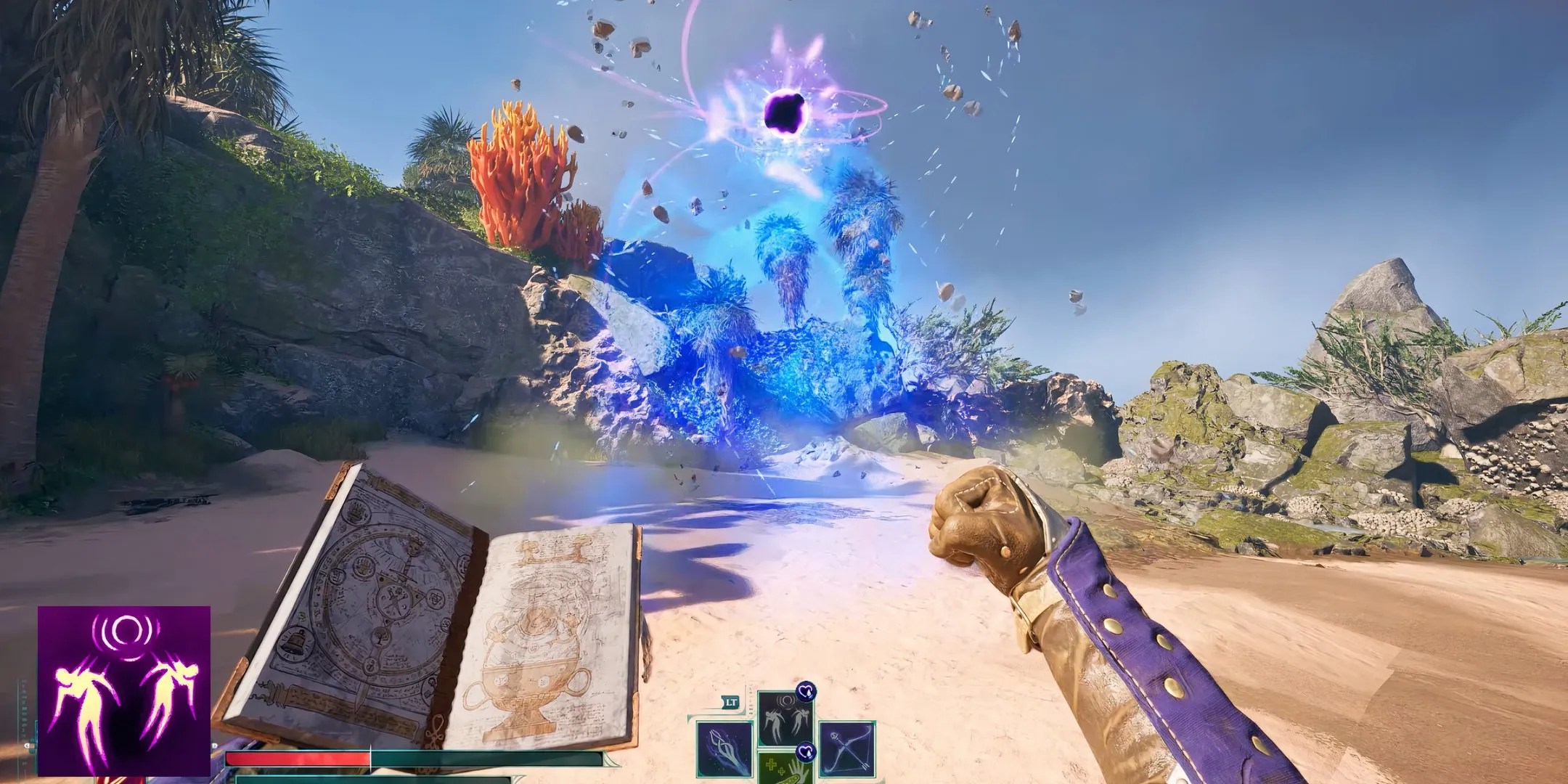 The protagonists casts the spell Pull of Eora in the sky in Avowed.