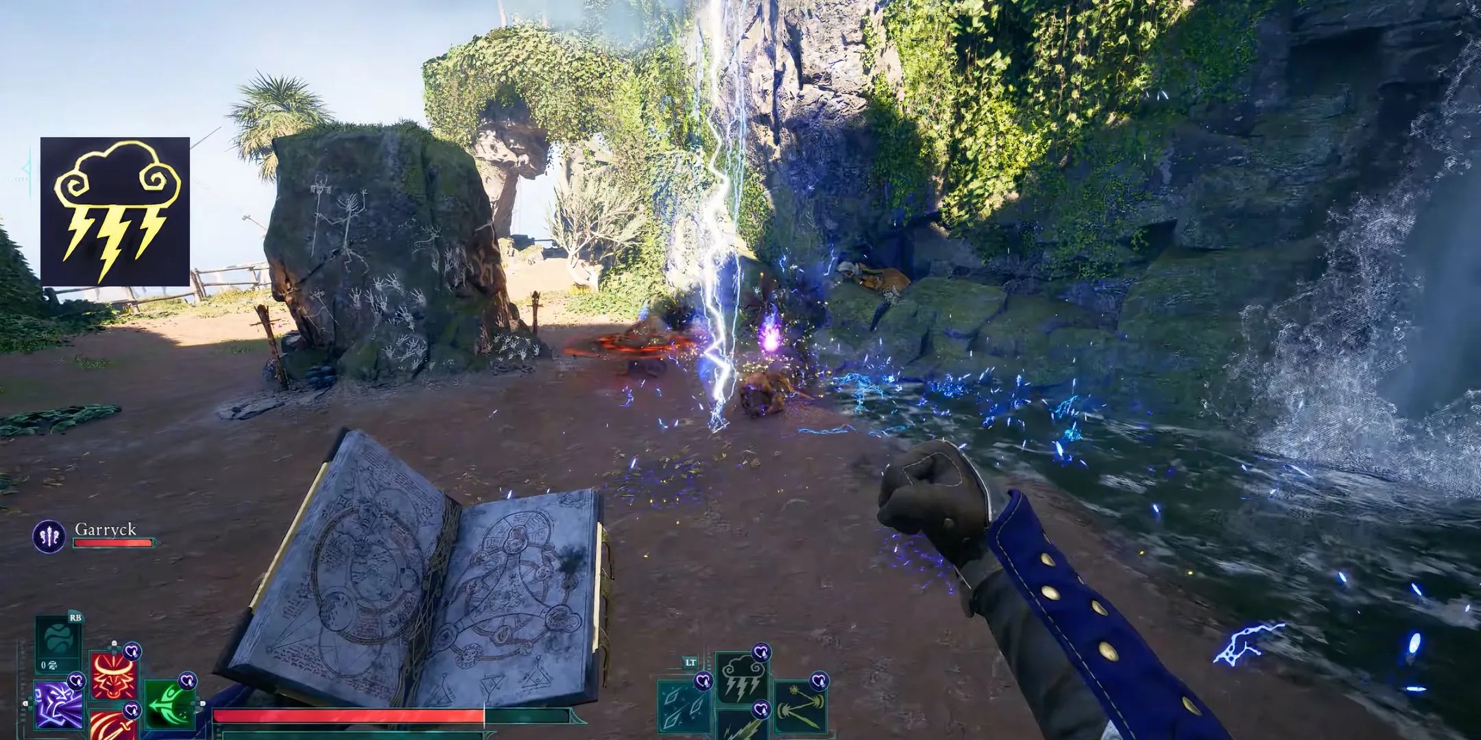 The player has a grimoire opened in their left hand, and they are casting Returning Storm ahead of them, hitting an enemy in Avowed.