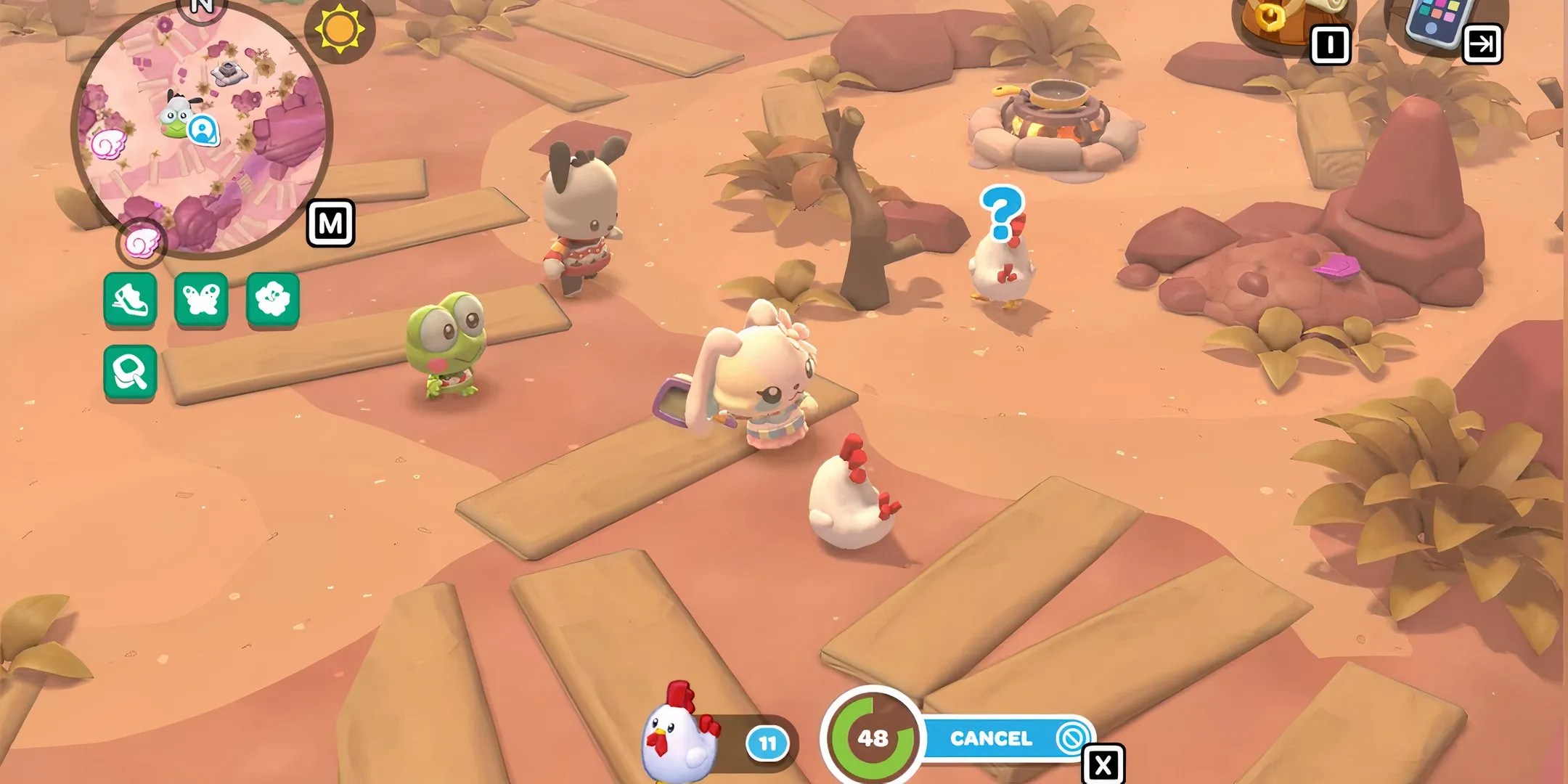 The Character My Melody is chasing some chickens around in a desert like field.