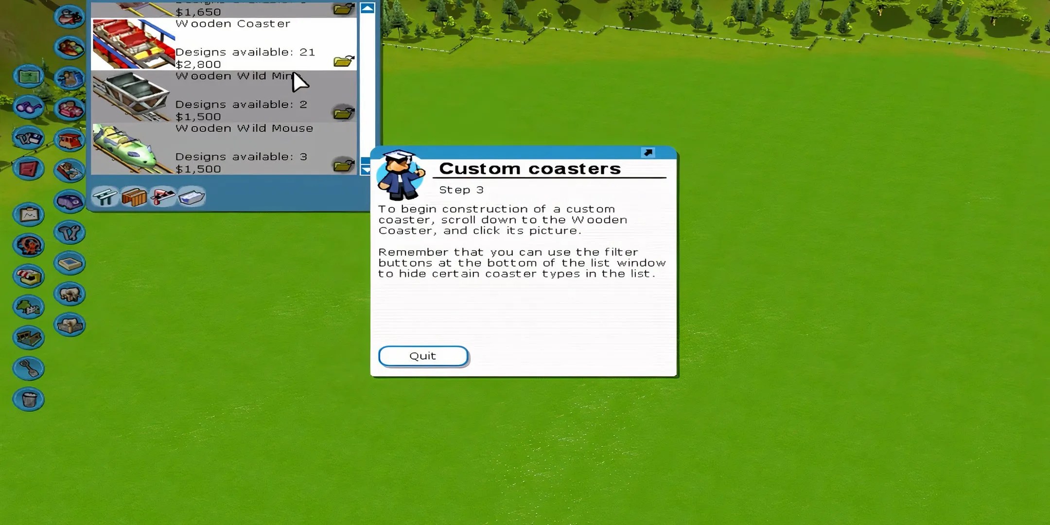 A screenshot of the beginner friendly user interface tutorial of RollerCoaster Tycoon 3