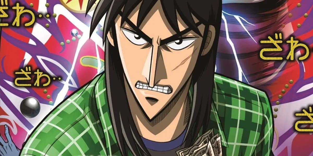 The protagonist Kaiji Itou angrily holding a paper in one of the key visuals in Kaiji.