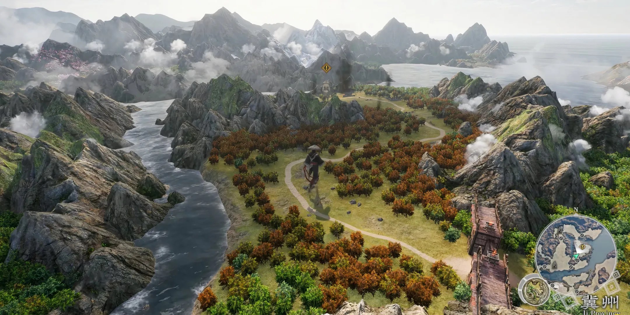 World Overmap is a miniature version of the world the player. travels on with a town on fire on the north and a broken bridge behind the player to the south.