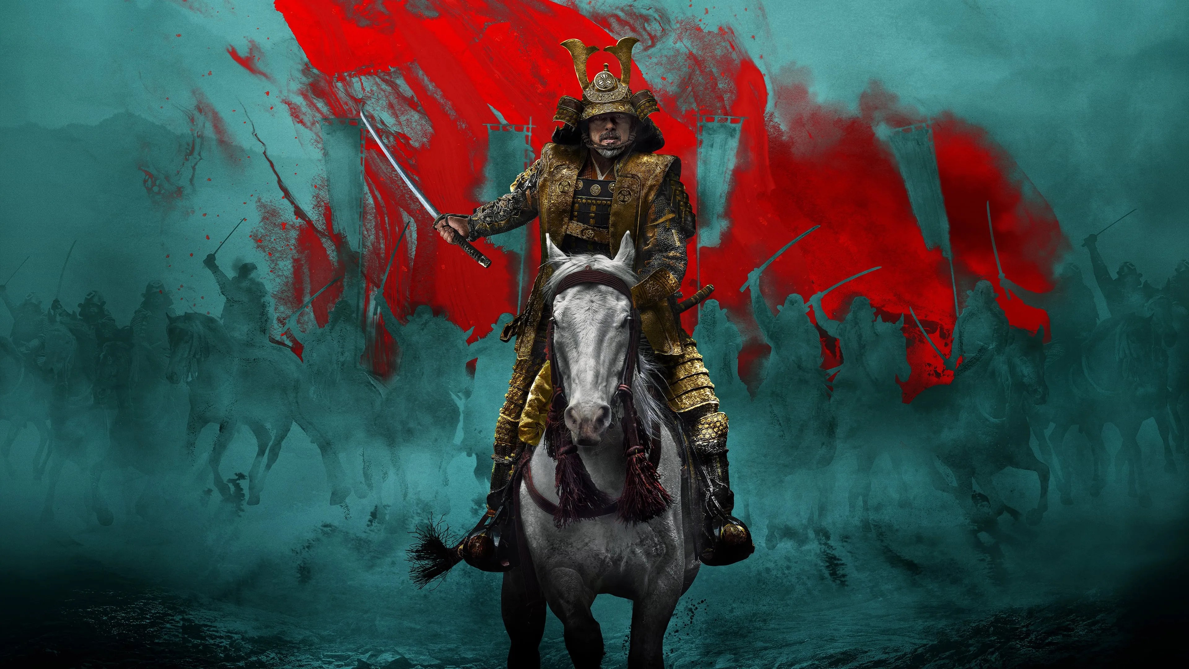 Shogun poster of Hiroyuki Sanada on a horse with a katana.