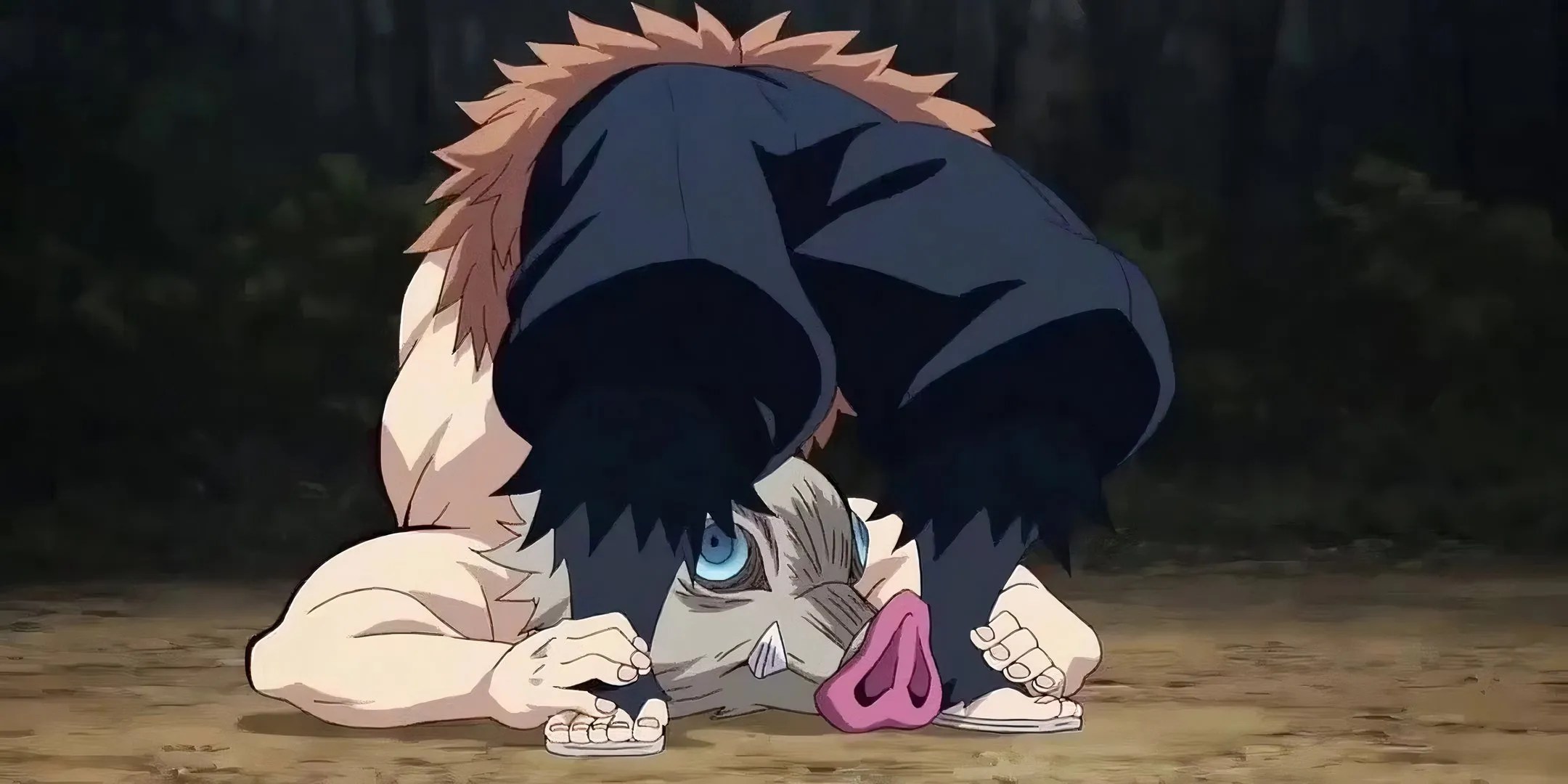 Inosuke Hashabira contorts himself by putting his head underneath his legs from Demon Slayer.